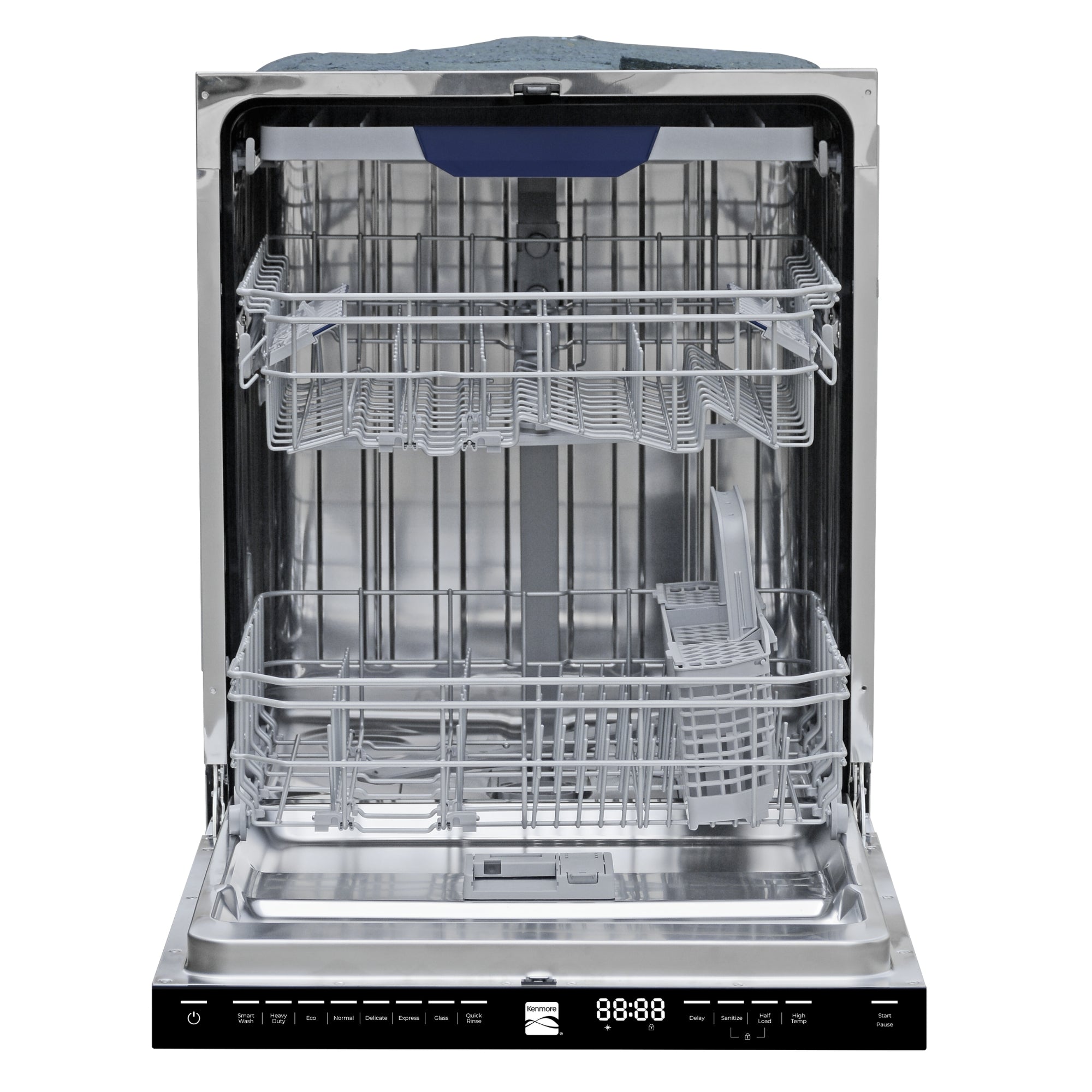 Kenmore ultra-quiet 24-inch top control dishwasher, open and empty, on a white background