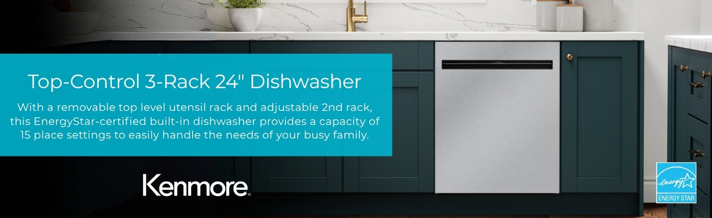 Kenmore 24-inch dishwasher in a dark green kitchen. Text overlay reads, "Top Control 3-Rack 24" Dishwasher: With a removable top level utensil rack and adjustable 2nd rack, this EnergyStar-certified built-in dishwasher offers a capacity of 15 place setting to easily handle the needs of your busy household."