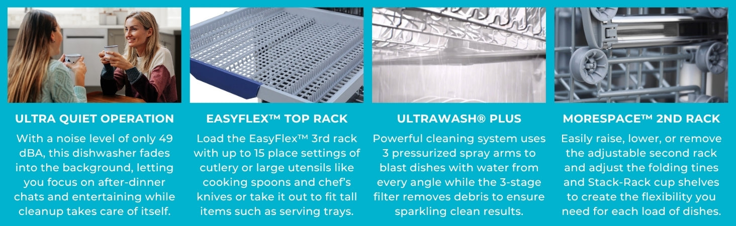 Four closeup images with text below describe features of the Kenmore 3-rack dishwasher: Ultra-quiet operation; EasyFlex top rack; Ultrawash Plus; Morespace 2nd rack.