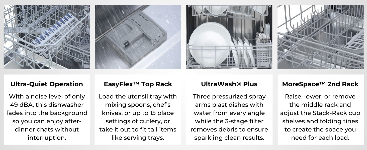 Four closeup images with text below describe features of the Kenmore 3-rack dishwasher: Ultra-quiet operation; EasyFlex top rack; Ultrawash Plus; Morespace 2nd rack.