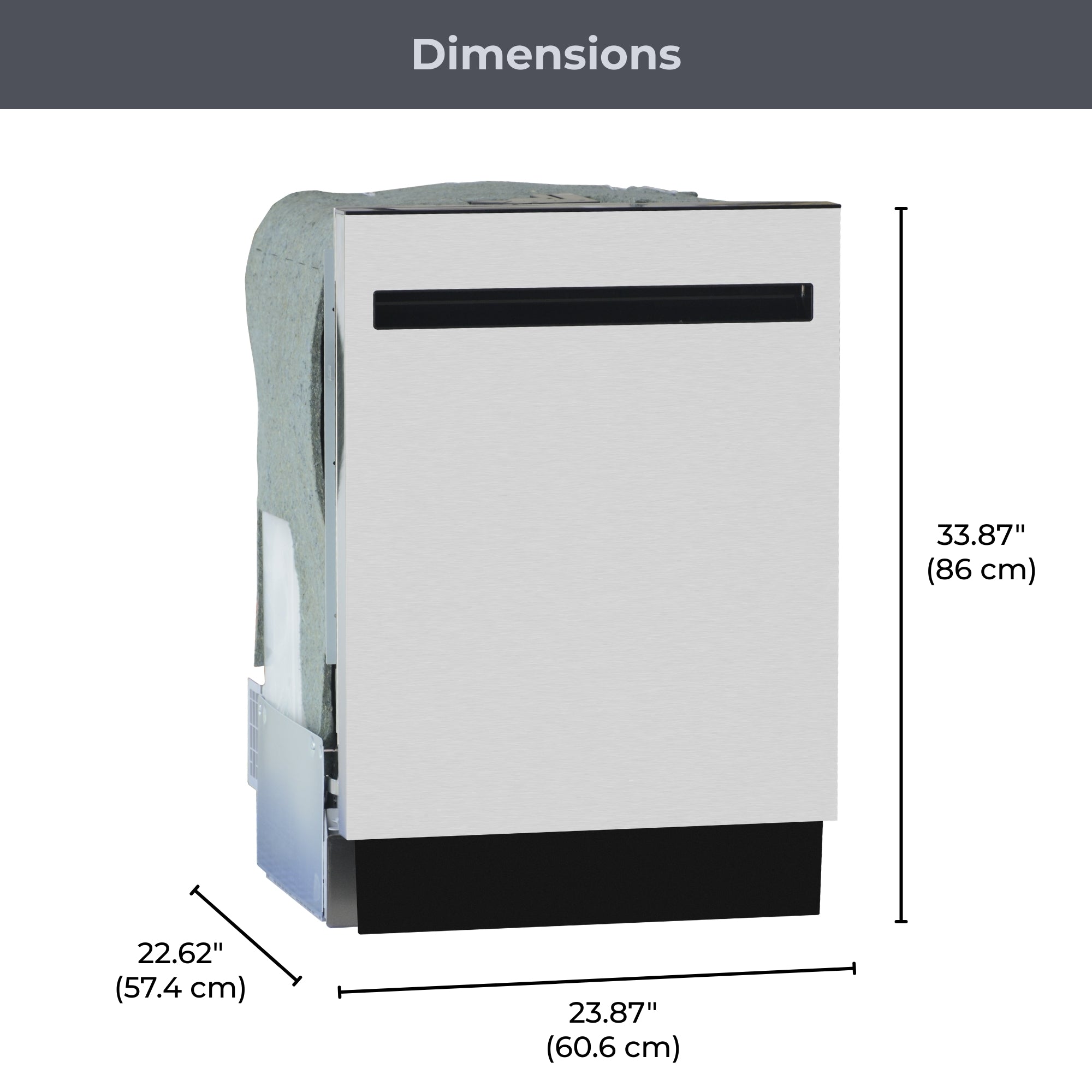 Kenmore ultra-quiet 24-inch top control dishwasher on a white background with dimensions labeled
