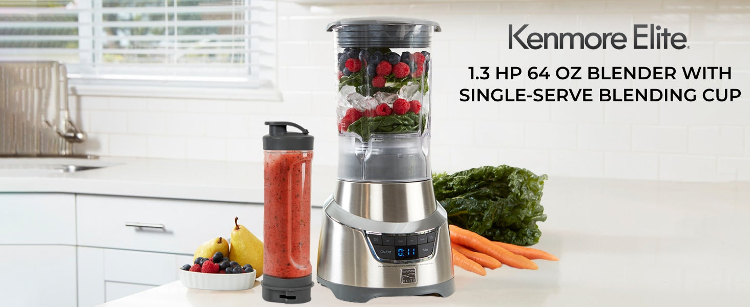 Kenmore 1.3 HP blender with pitcher filled with ice and berries and single-serve blending cup beside
