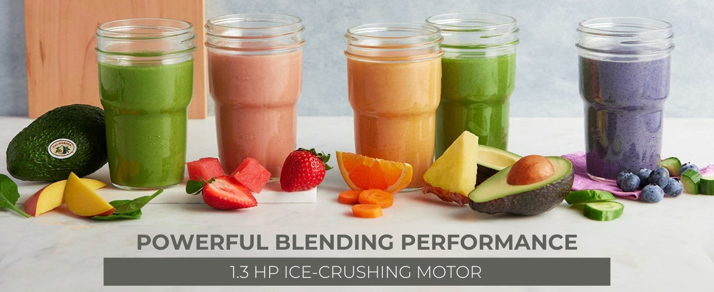 5 glasses of different colored smoothies captioned Powerful Blending Performance