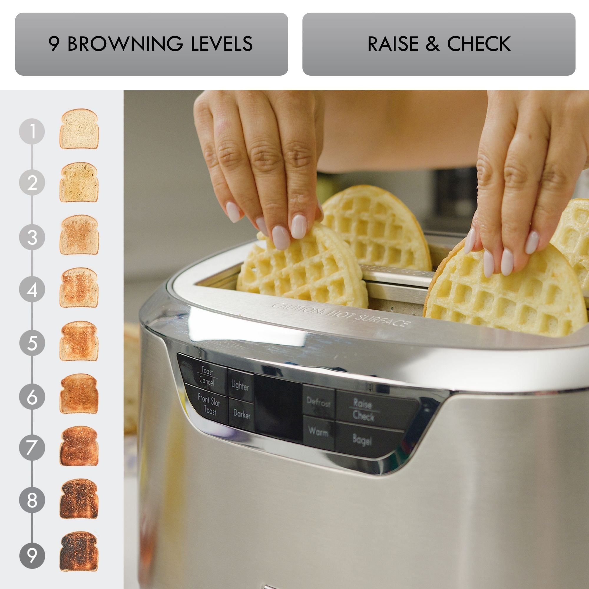 Closeup of a person's hands placing two frozen waffles into the Kenmore stainless steel long-slot toaster on the right with toast slices numbered 1-9 arranged vertically from lightest to darkest on the right. Text above reads, "9 shade settings," and, "raise and check"