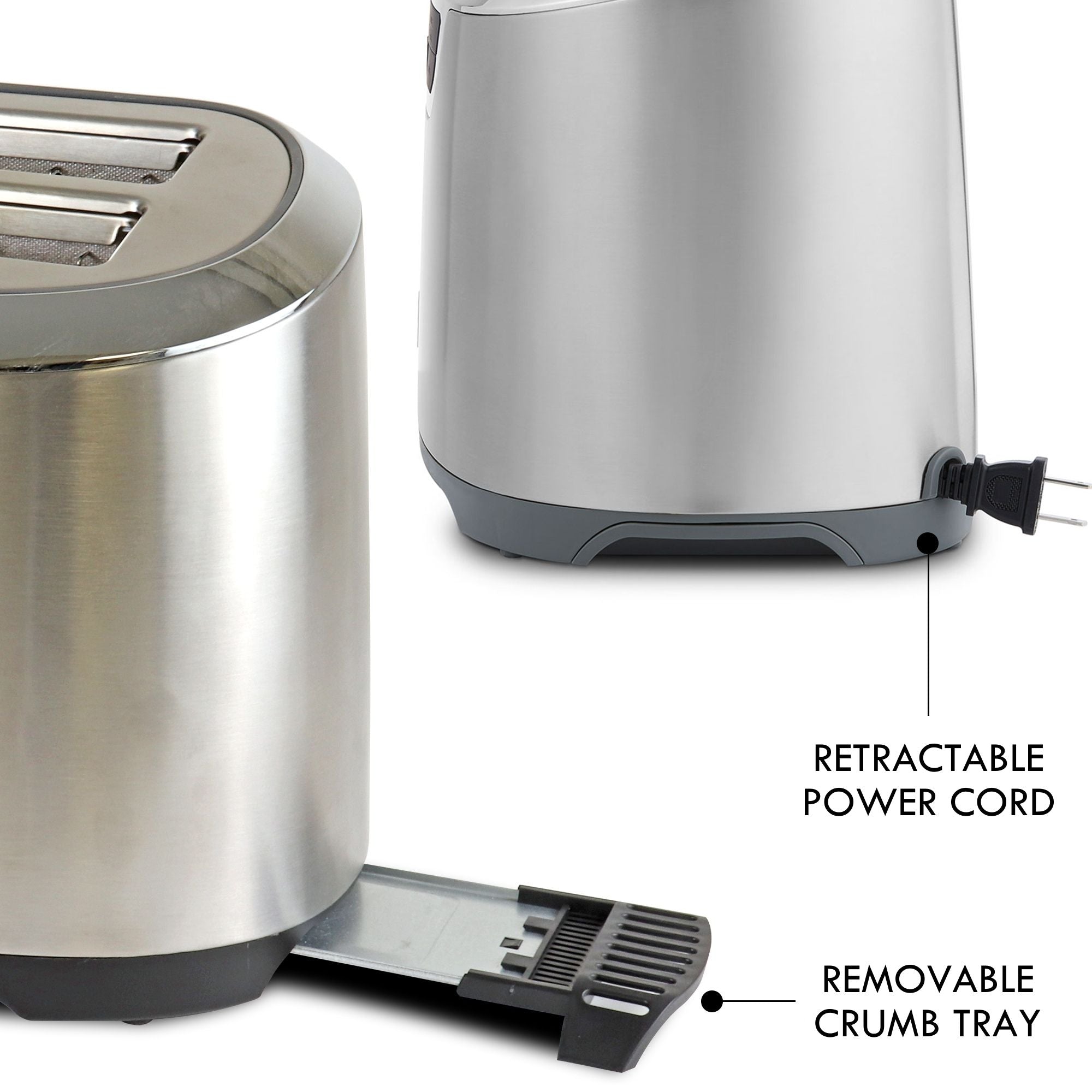 Two closeup rear views of the Kenmore Elite long slot toaster show features, labeled: Removable crumb tray; retractable power cord