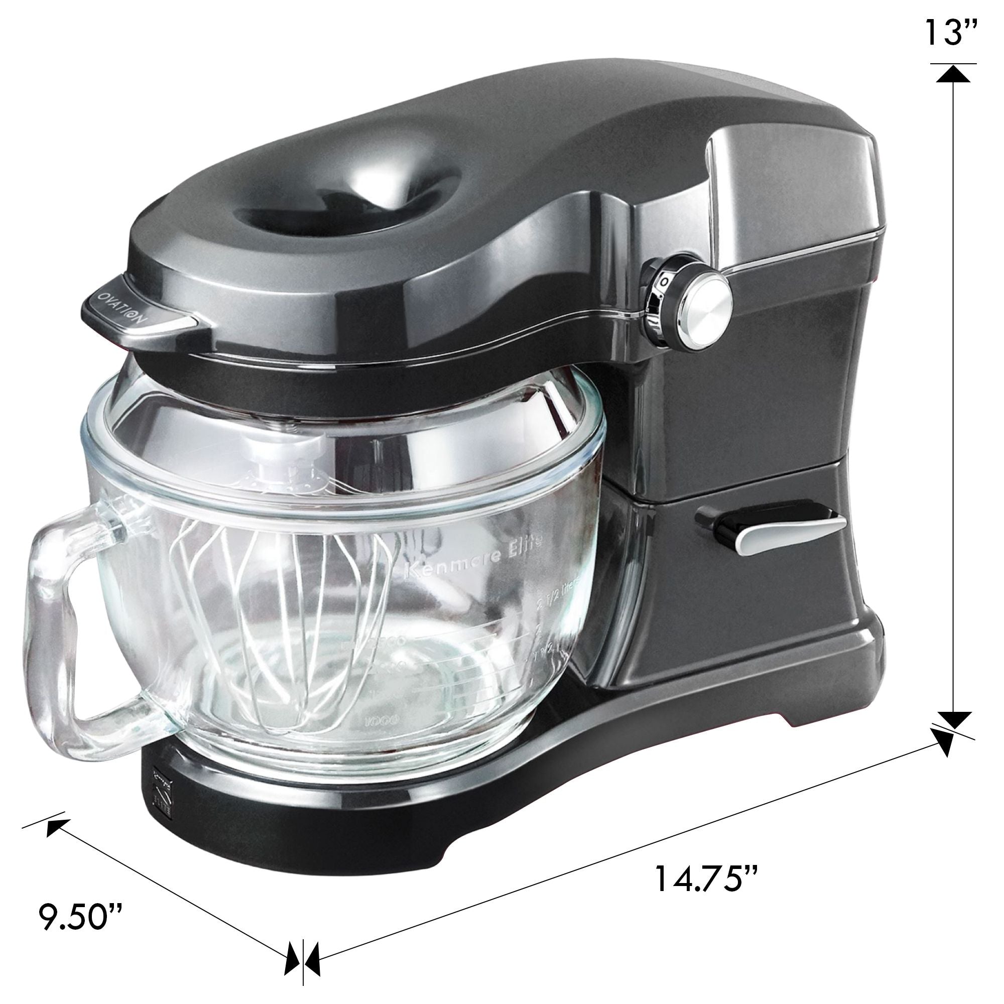 Kenmore Elite Ovation tilt-head stand mixer on white background with dimensions labeledKenmore Elite Ovation tilt-head stand mixer on white background with dimensions labeled