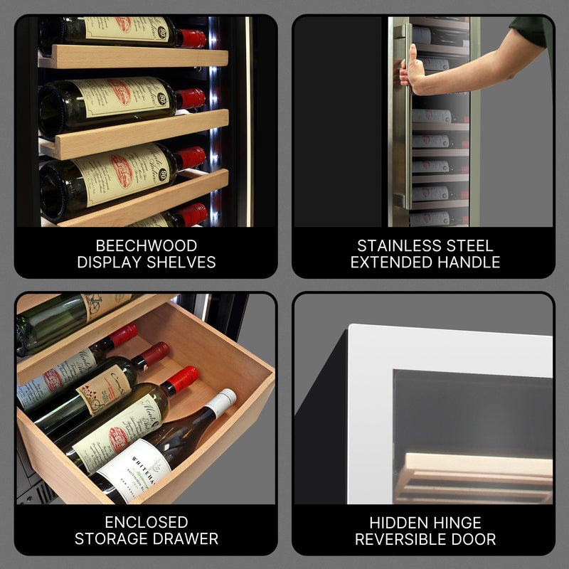 Four close-up images, labeled, show features of the Kenmore Elite premium wine fridge: Beechwood display shelves; stainless steel extended handle; enclosed storage drawer; hidden hinge reversible door