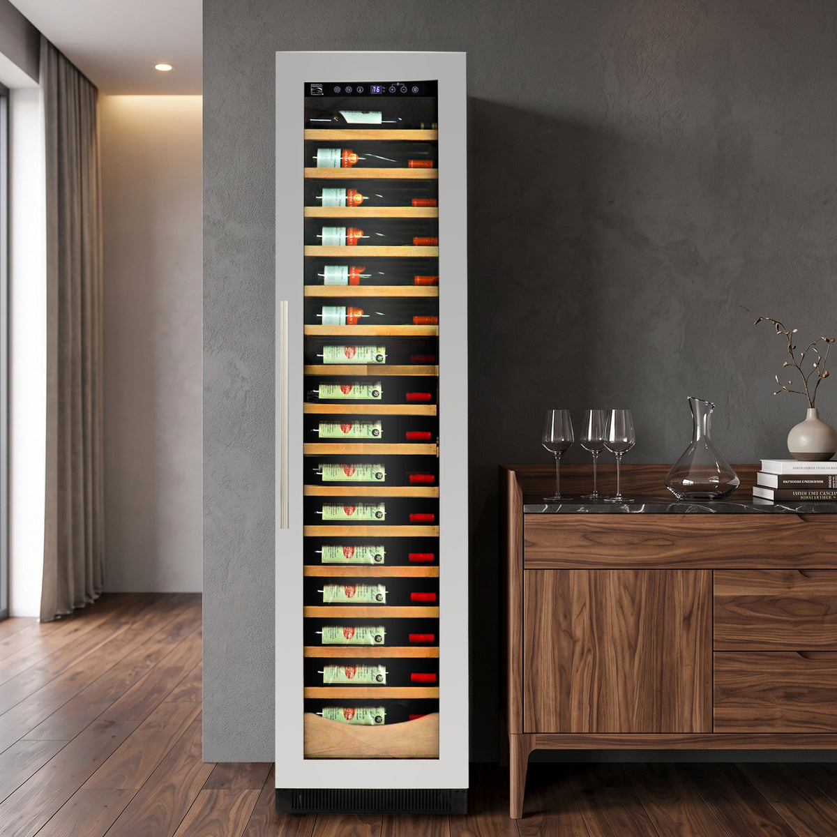 Kenmore Elite 18 Inch Compressor Wine Fridge, 112 Bottle Wine Cooler, Built-In/Freestanding, Black