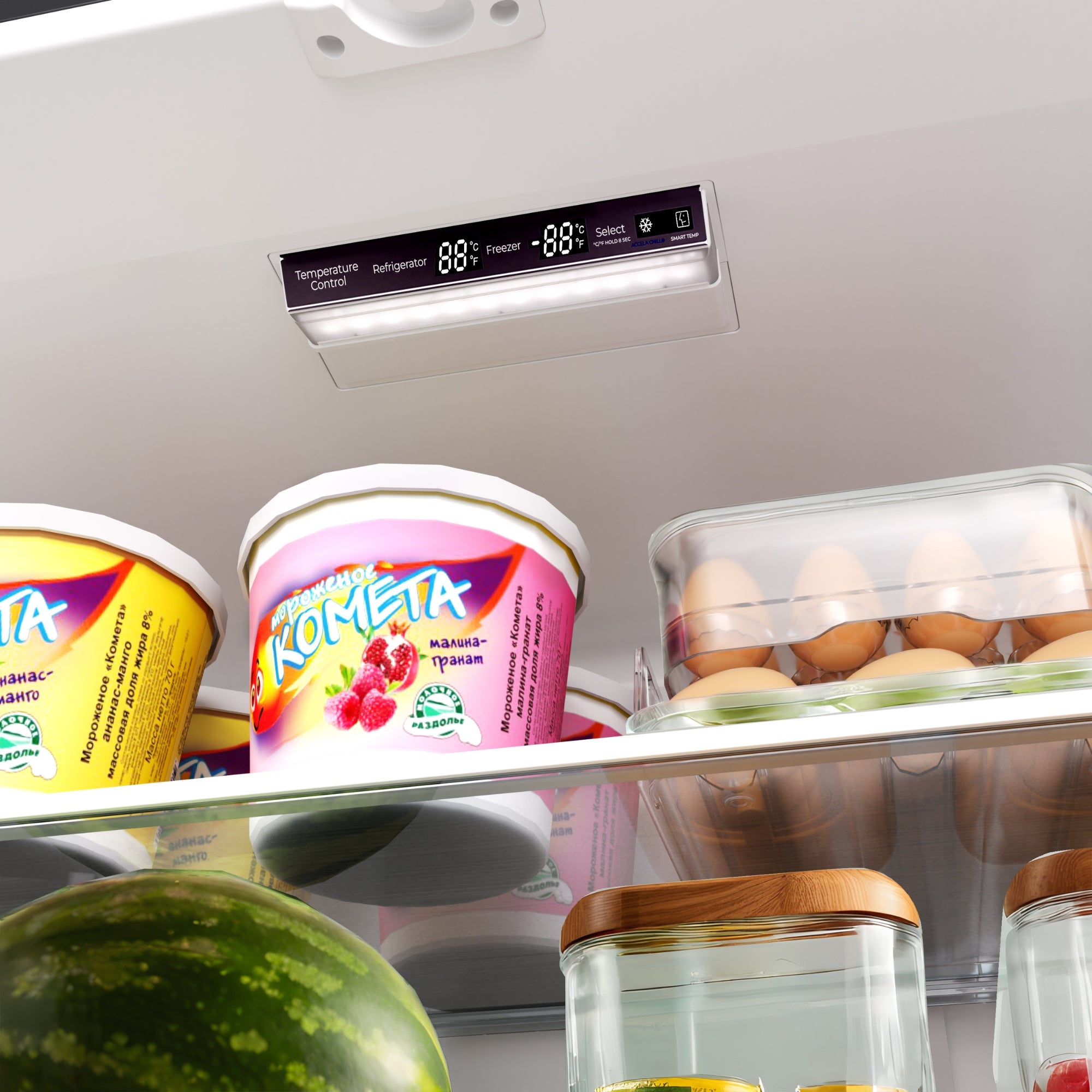 Closeup of inside the Kenmore stainless steel french door refrigerator showing the electronic control panel