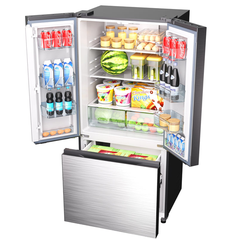 Kenmore stainless steel french door refrigerator filled with food with doors and freezer open on a white background