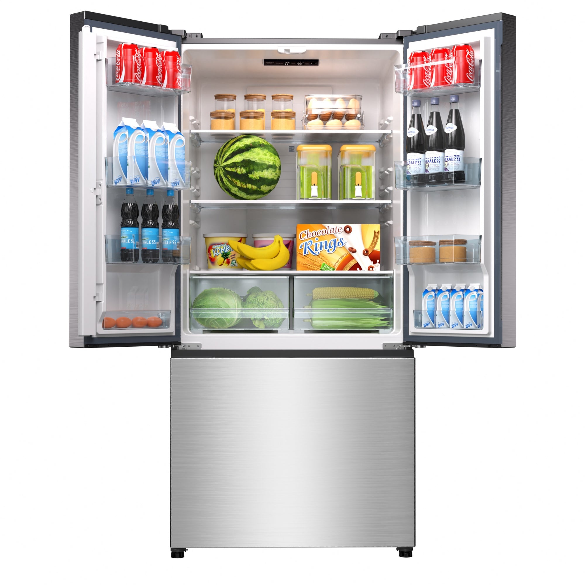 Kenmore stainless steel french door refrigerator filled with food with doors open on a white background