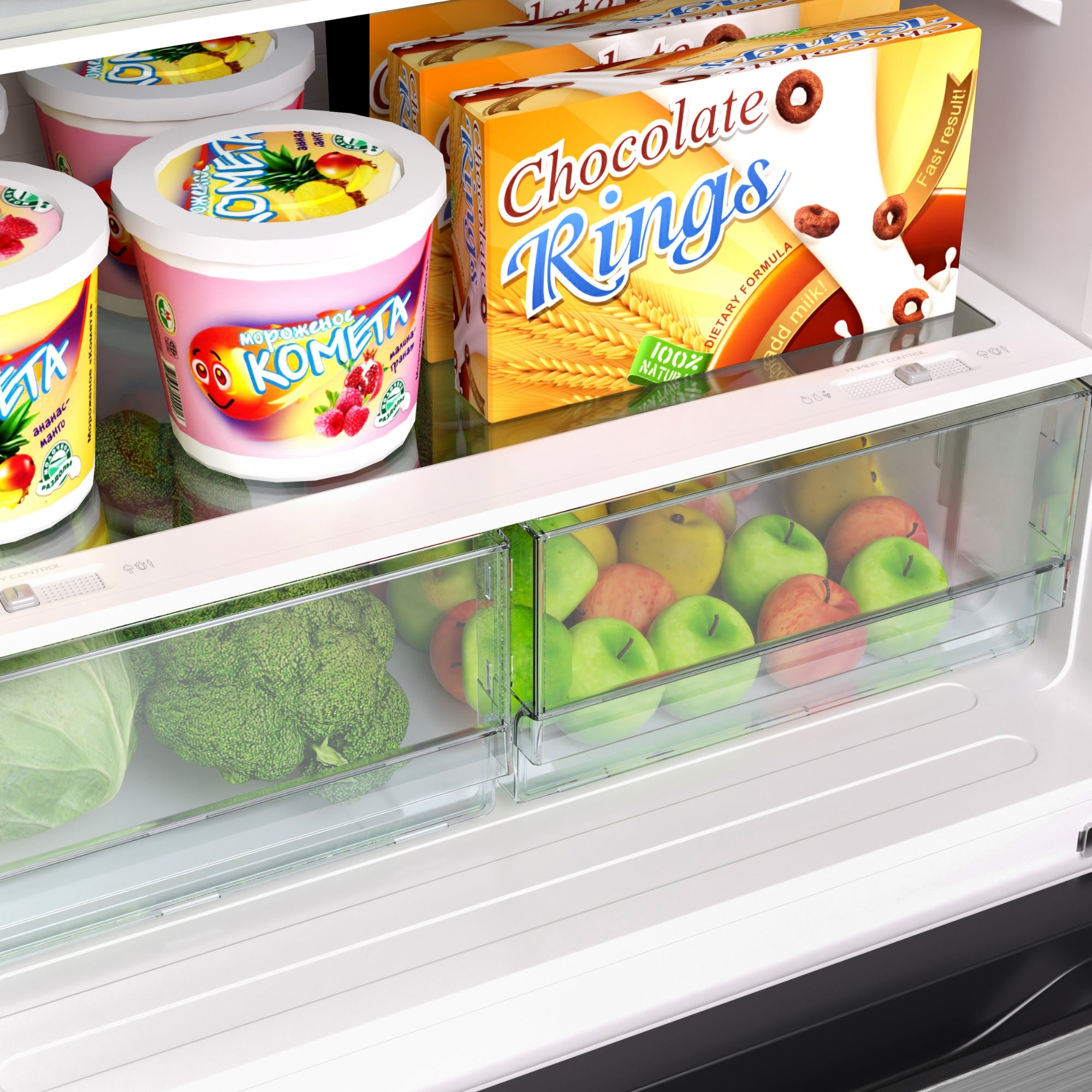 Closeup of inside the Kenmore stainless steel french door refrigerator showing the crispers with humidity controls