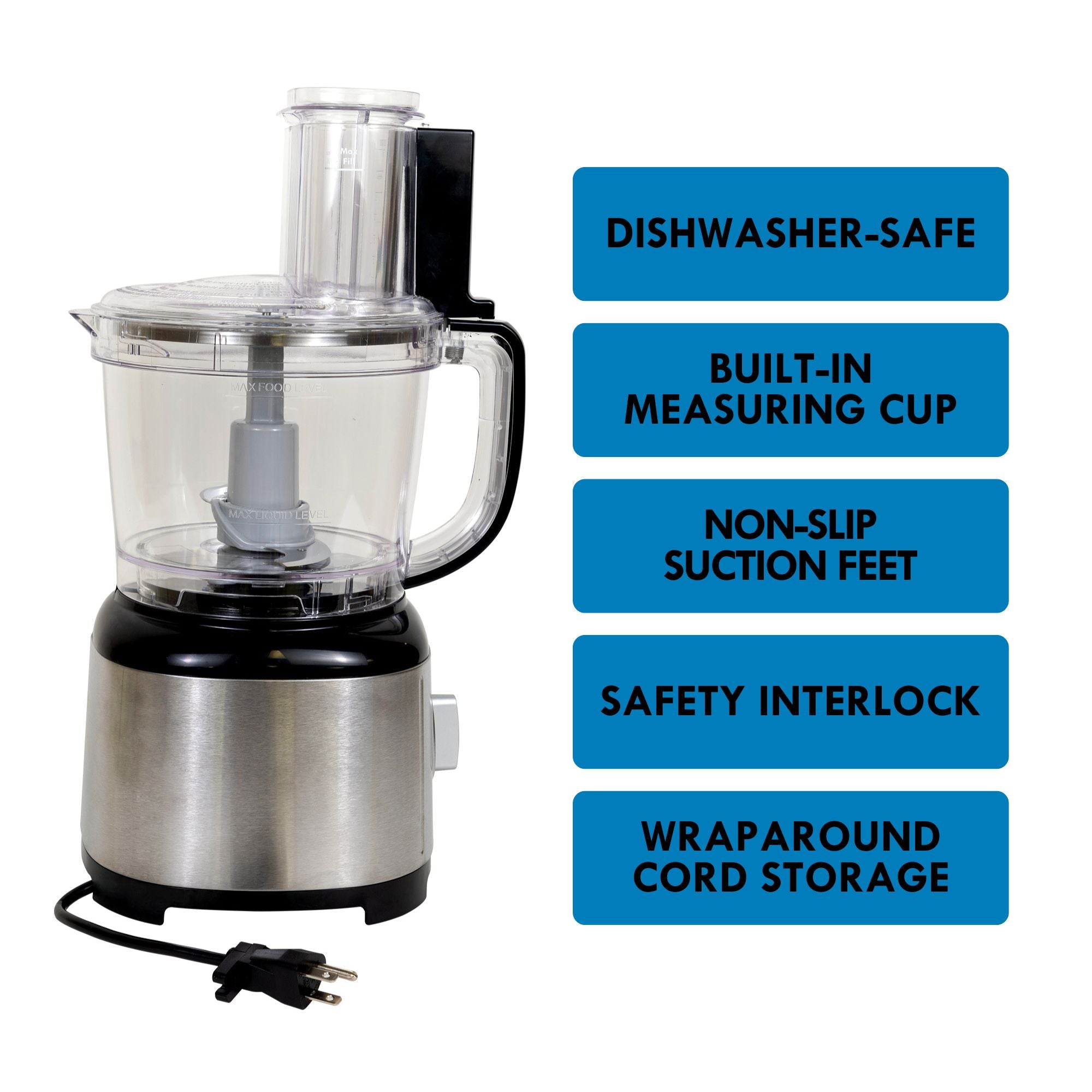 Rear view of Kenmore 11 cup food processor and vegetable chopper with power cord visible on a white background on the left with a list of features to the right: Dishwasher-safe; measuring cup; non-slip feet; safety interlock; cord storage