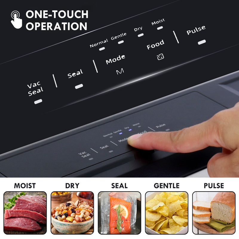 A person's finger touching the control panel with a closeup view of the controls above. Text above reads, "ONE-TOUCH OPERATION," and 5 images below shows different foods and are labeled with the corresponding function: MOIST (uncooked red meat); DRY (dried fruits and nuts); SEAL (sous-vide salmon); GENTLE (kettle-cooked potato chips); and PULSE (loaf of bread)