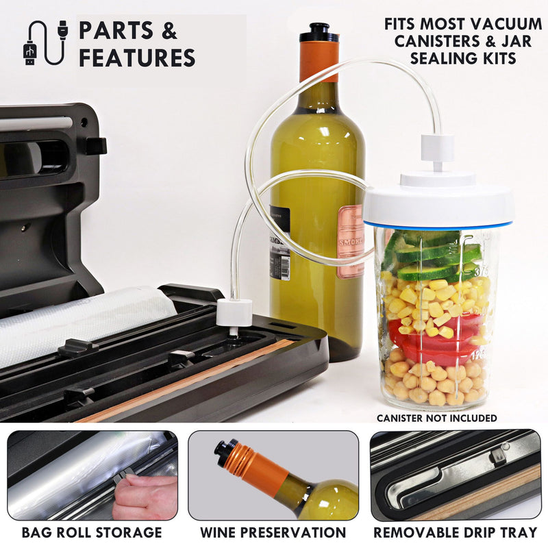Kenmore food sealer with hose plugged in and connected to a jar lid sealer on a glass jar filled with fresh vegetables beside a bottle of wine sealed with the vacuum bottle stopper. Text at the top left reads, "PARTS & FEATURES." Text above the jar reads, "Fits most vacuum canisters and jar sealing kits," and text below reads, "CANISTER NOT INCLUDED." Three images below show close-ups of features, labeled: Bag roll storage; wine preservation; removable drip tray.