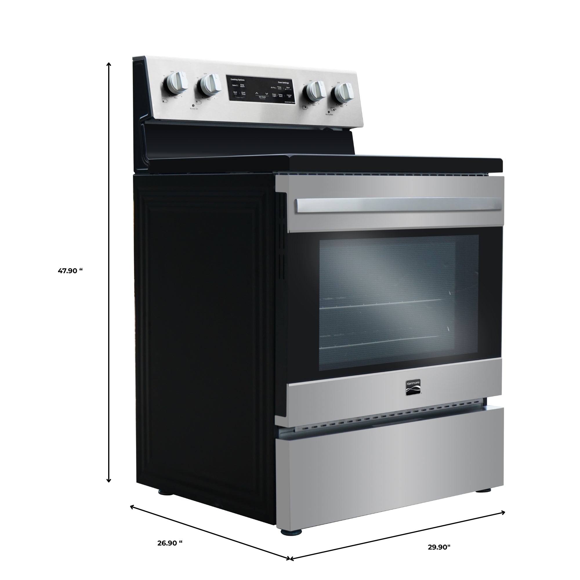 Kenmore 5.0 cubic foot rear-control smooth-top range closed with dimensions labeled