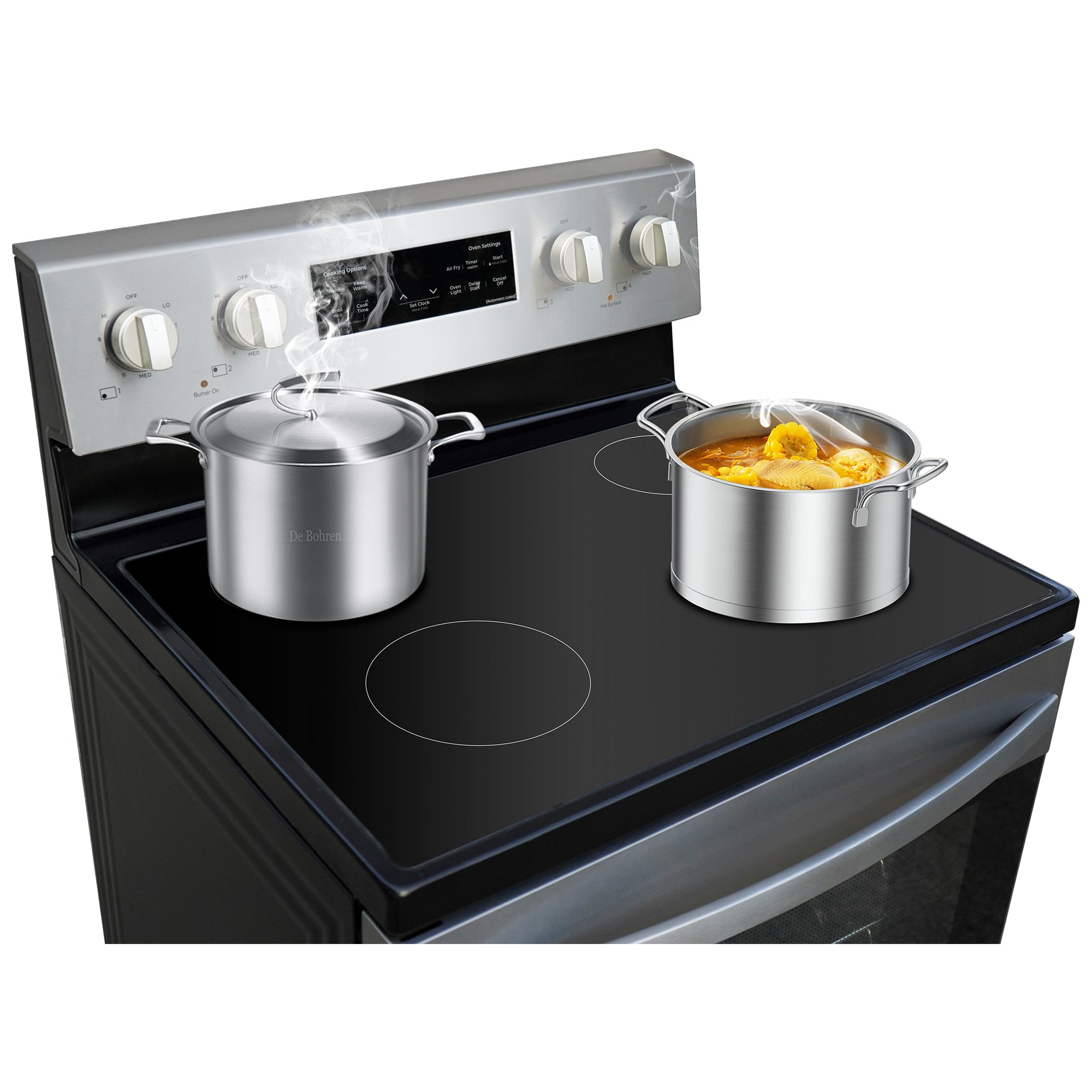 Closeup view of the smooth glass ceramic cooktop of Kenmore 5.0 cu ft rear-control range with two pots on the elements