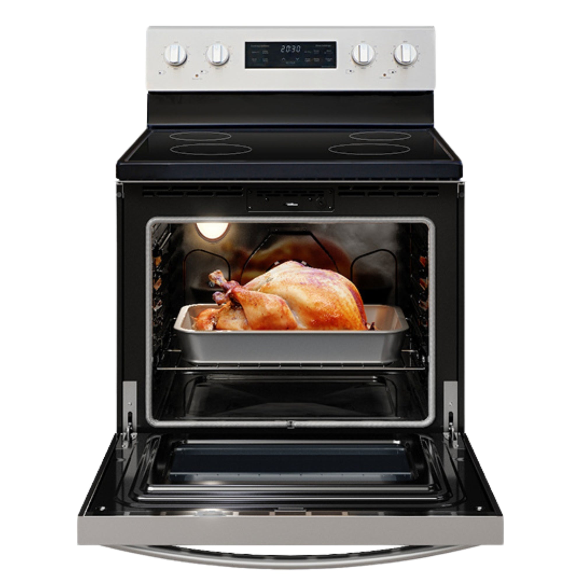 Kenmore 5.0 cubic foot rear-control smooth-top range, open, with the oven light on and a roasted turkey inside