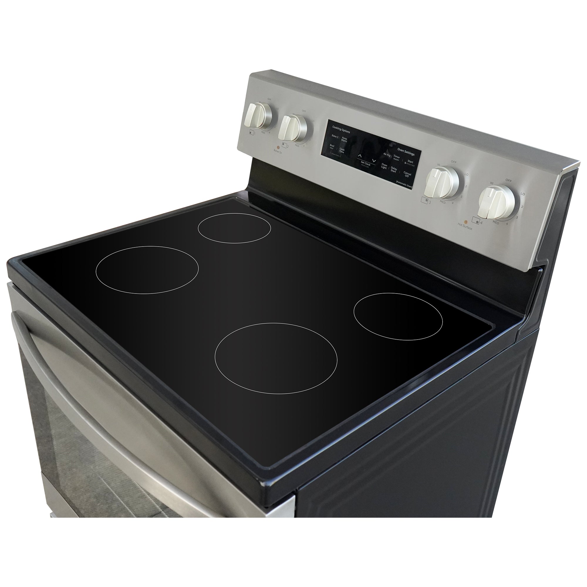 Closeup view of the smooth black ceramic glass 4-element cooktop of the Kenmore 5.0 cu ft rear-control range