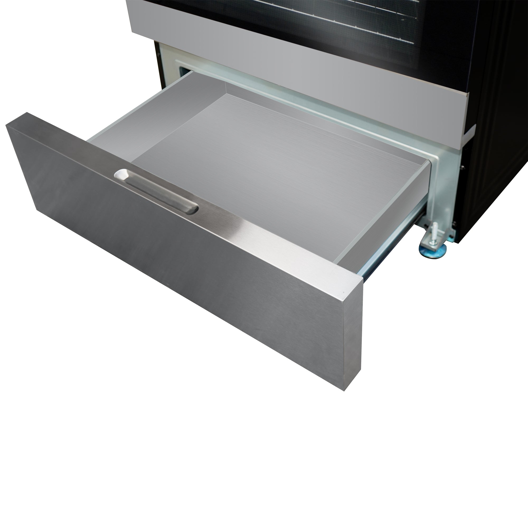 Closeup of the open storage drawer of the Kenmore 5.0 cubic foot rear-control range