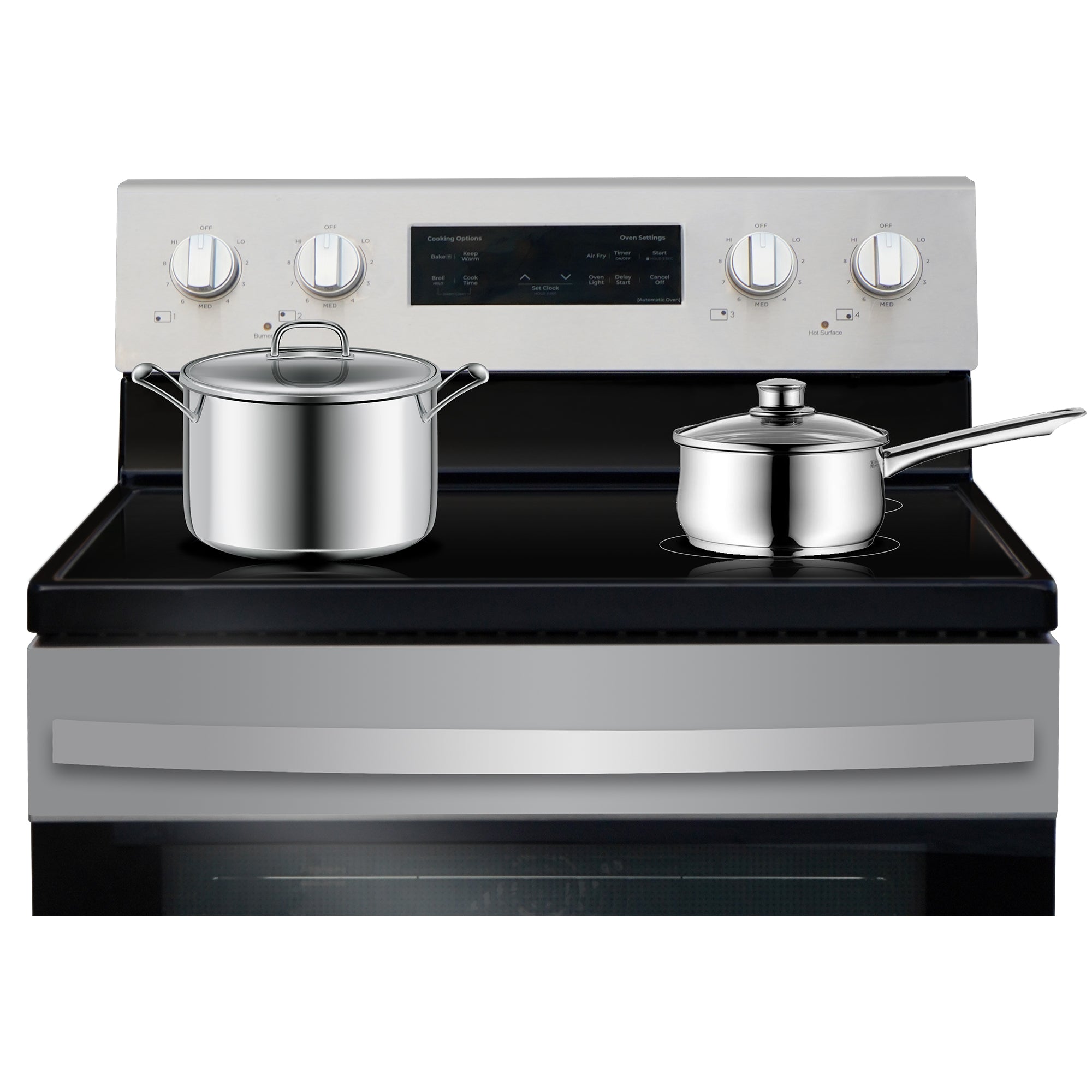 Closeup view of the smooth black ceramic glass cooktop of the Kenmore 5.0 cu ft range with pots on the two front elements