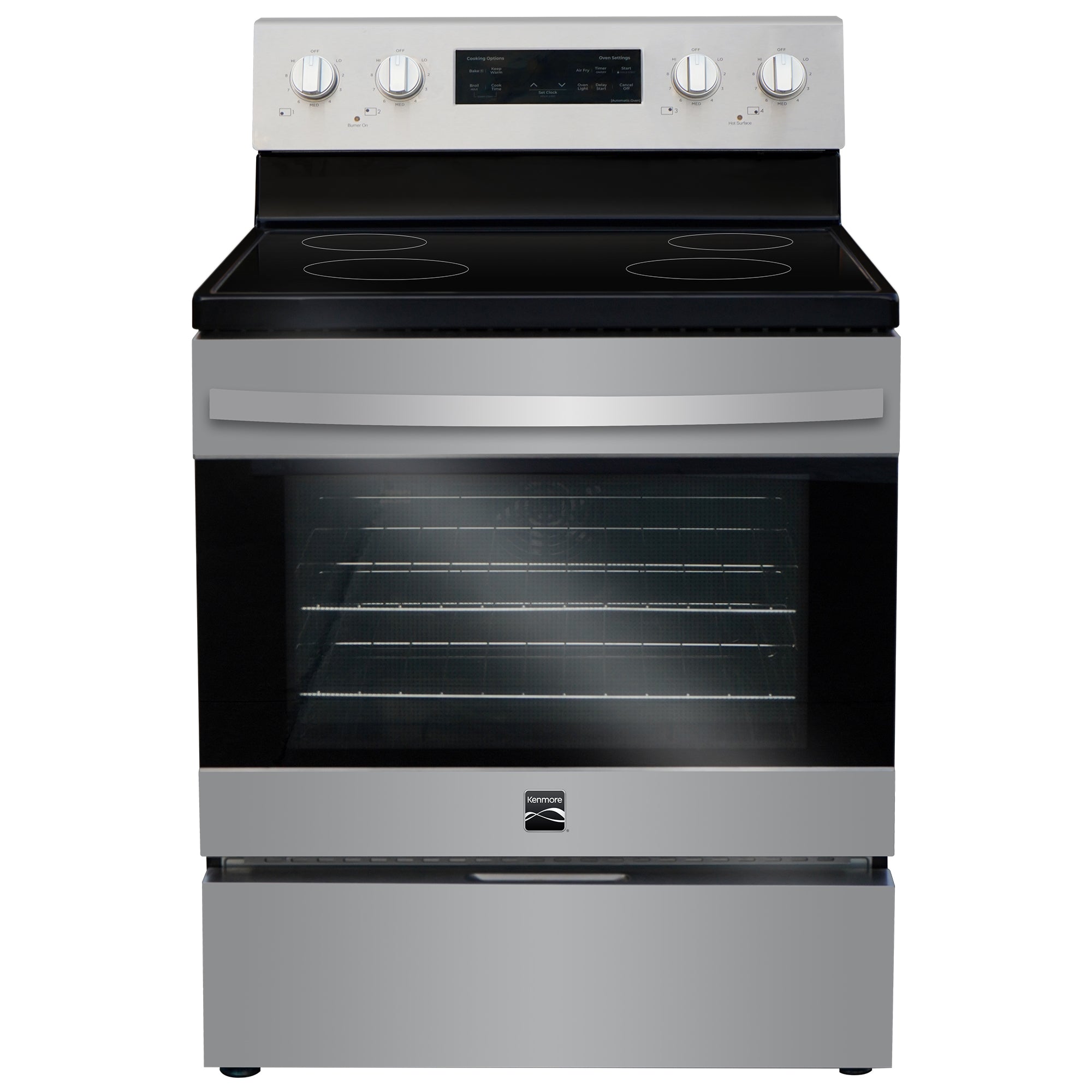 Front view of the closed Kenmore 5.0 cubic foot rear-control smooth-top range