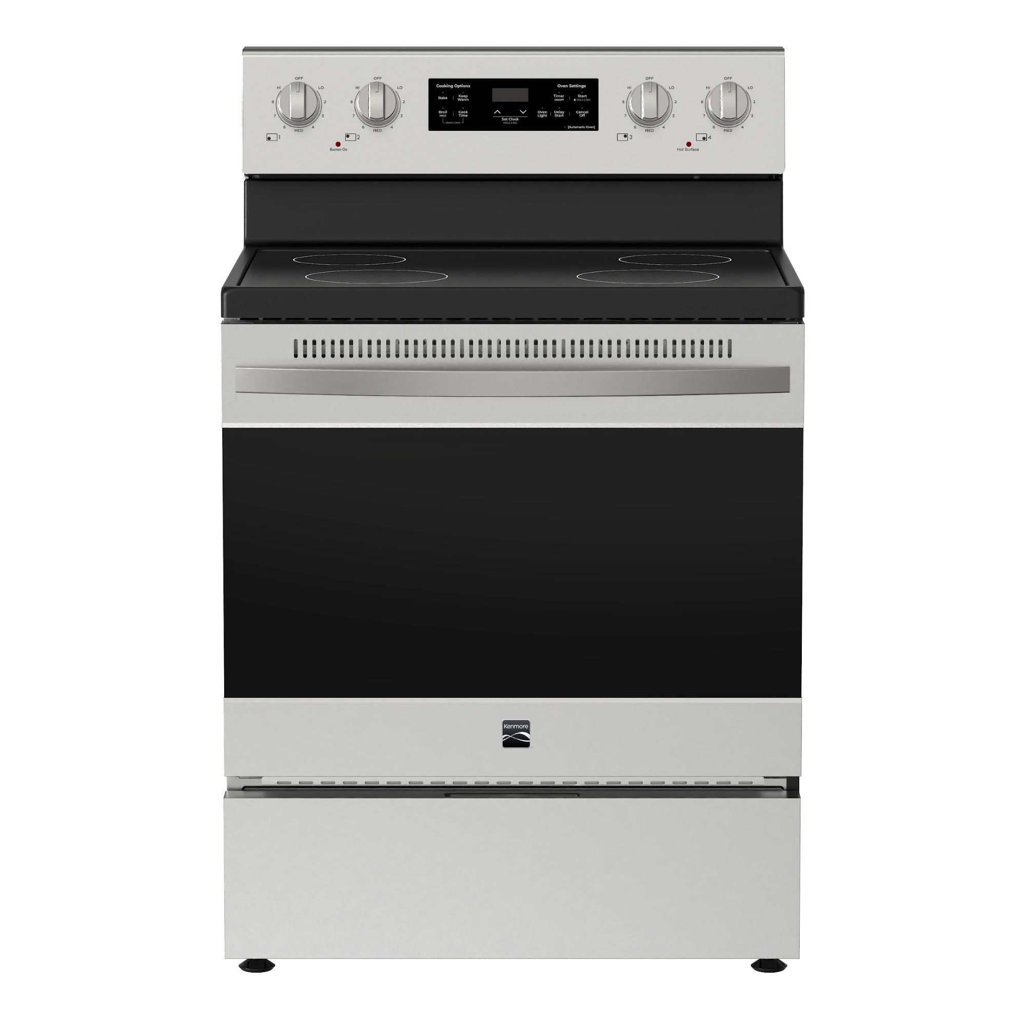 Kenmore stainless steel electric range, closed, on a white background