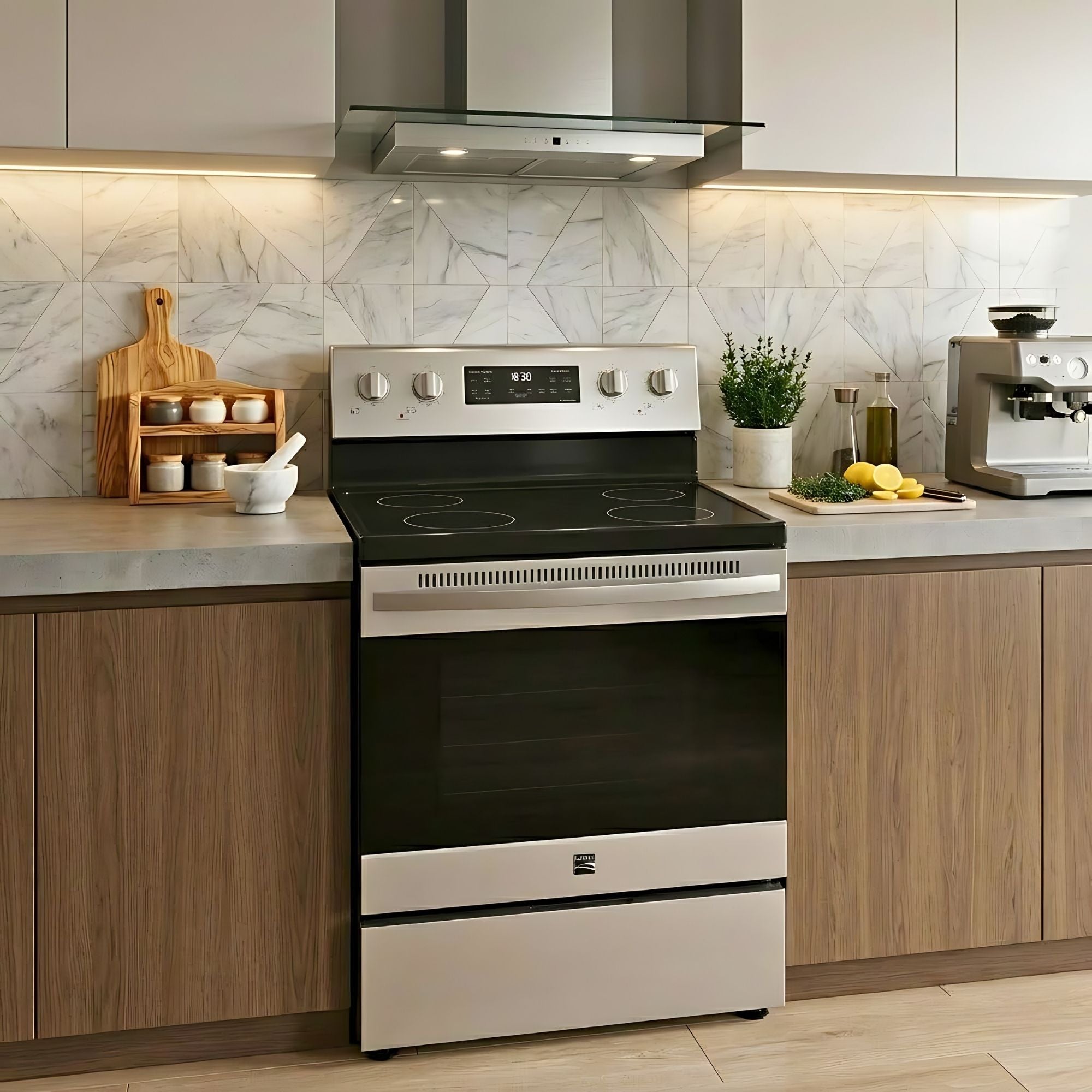 Kenmore stainless steel electric range installed in a bright, modern kitchen