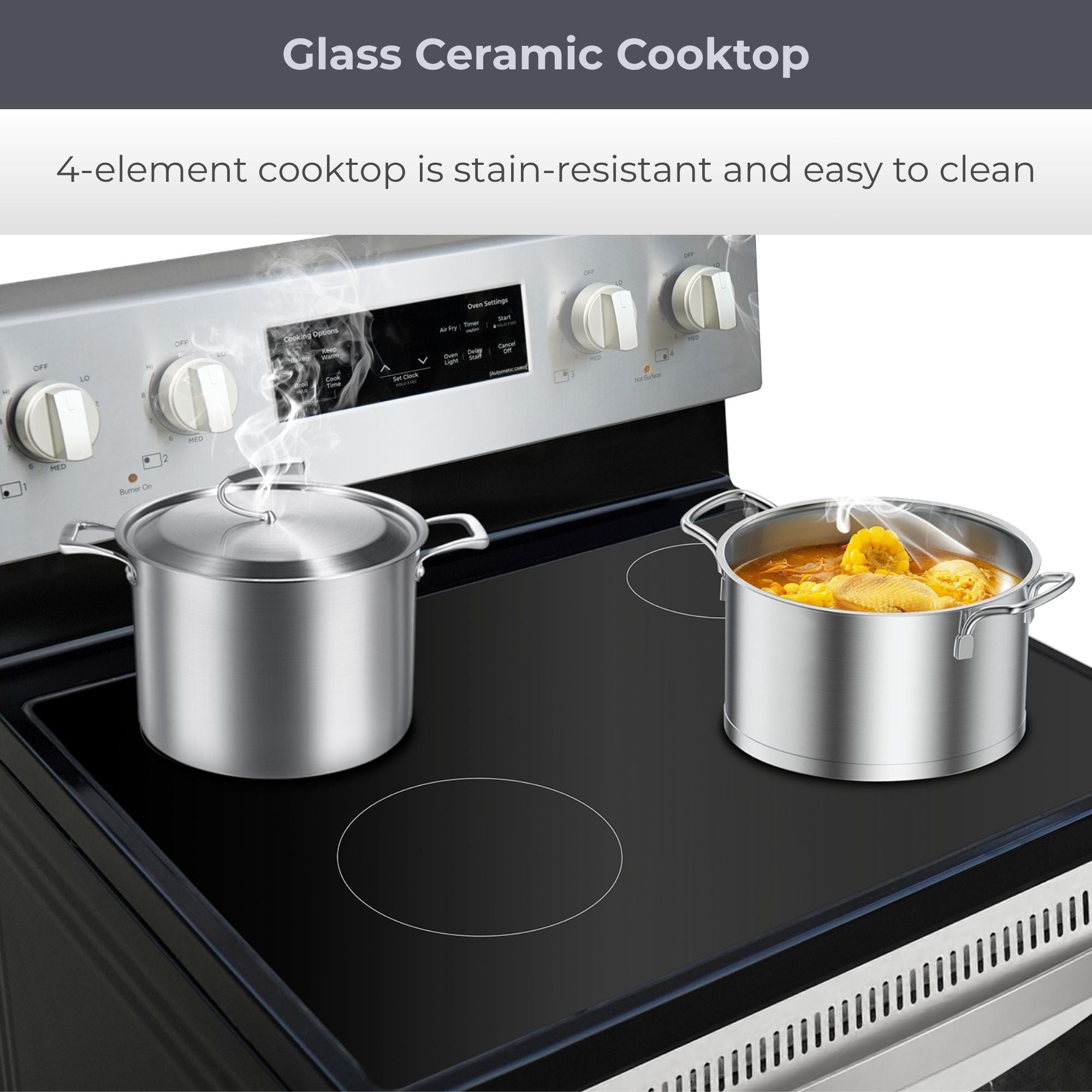 Closeup of the top of the Kenmore stainless steel electric range with two pots filled with steaming water and boiling corn on the cob. Text above reads, "Glass Ceramic Cooktop: 4-element cooktop is stain-resistant and easy to clean"
