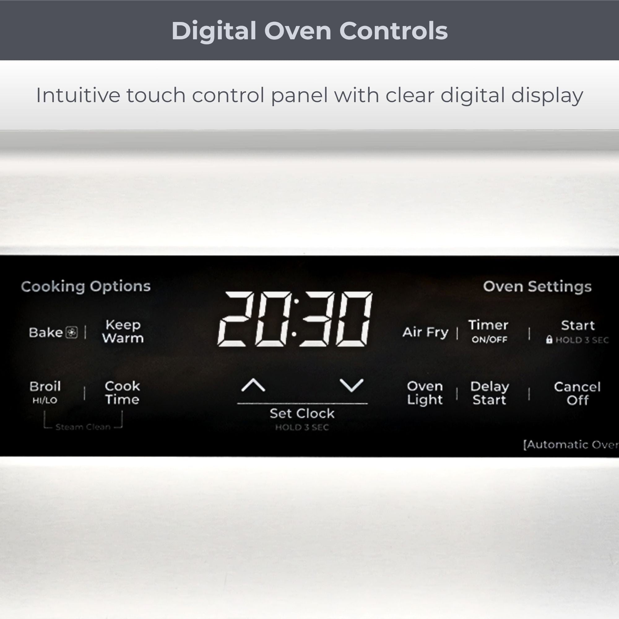 Closeup of the digital control panel on the Kenmore stainless steel electric range. Text above reads, "Digital Oven Controls: Intuitive touch control panel with clear digital display"