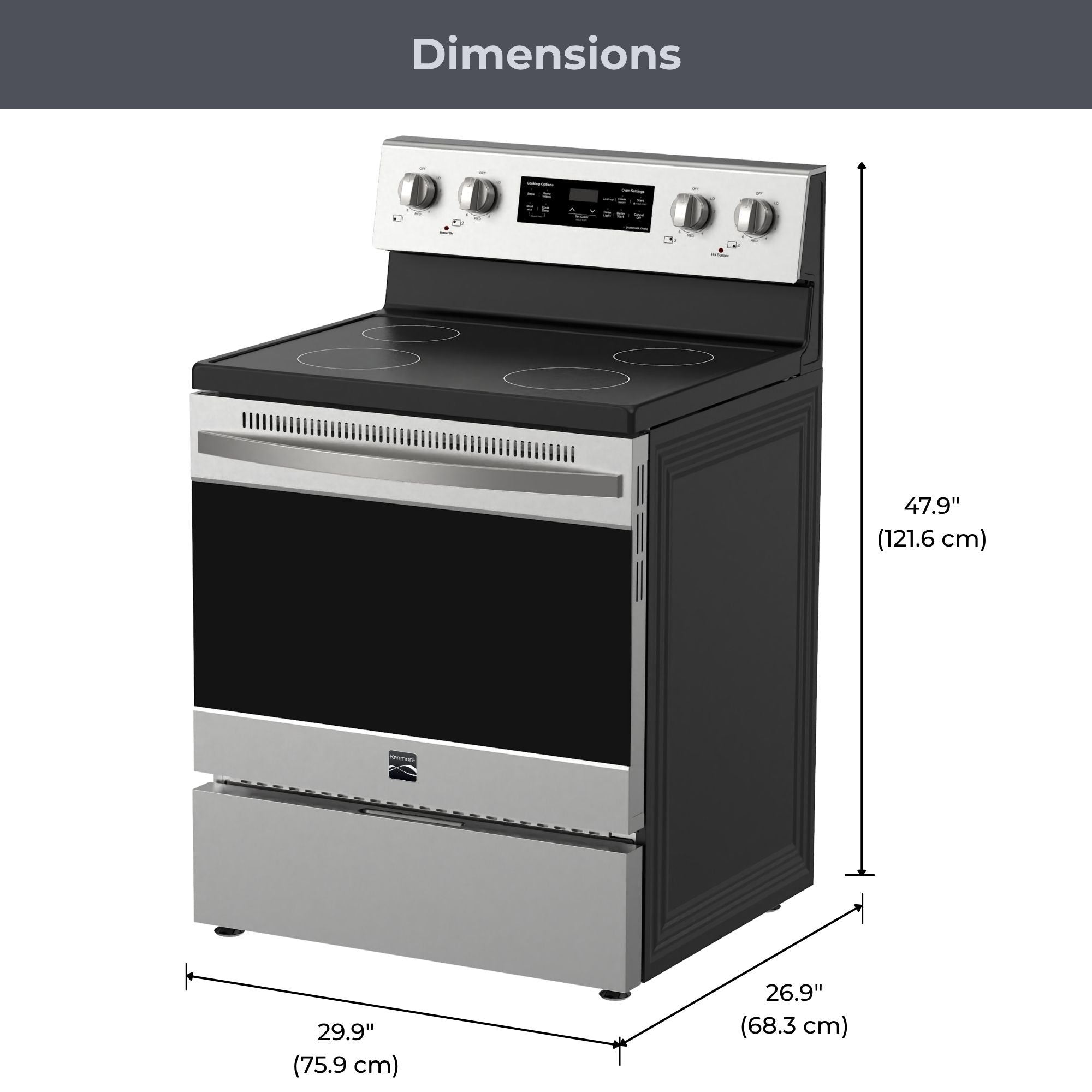Kenmore stainless steel electric range on a white background, with dimensions labeled