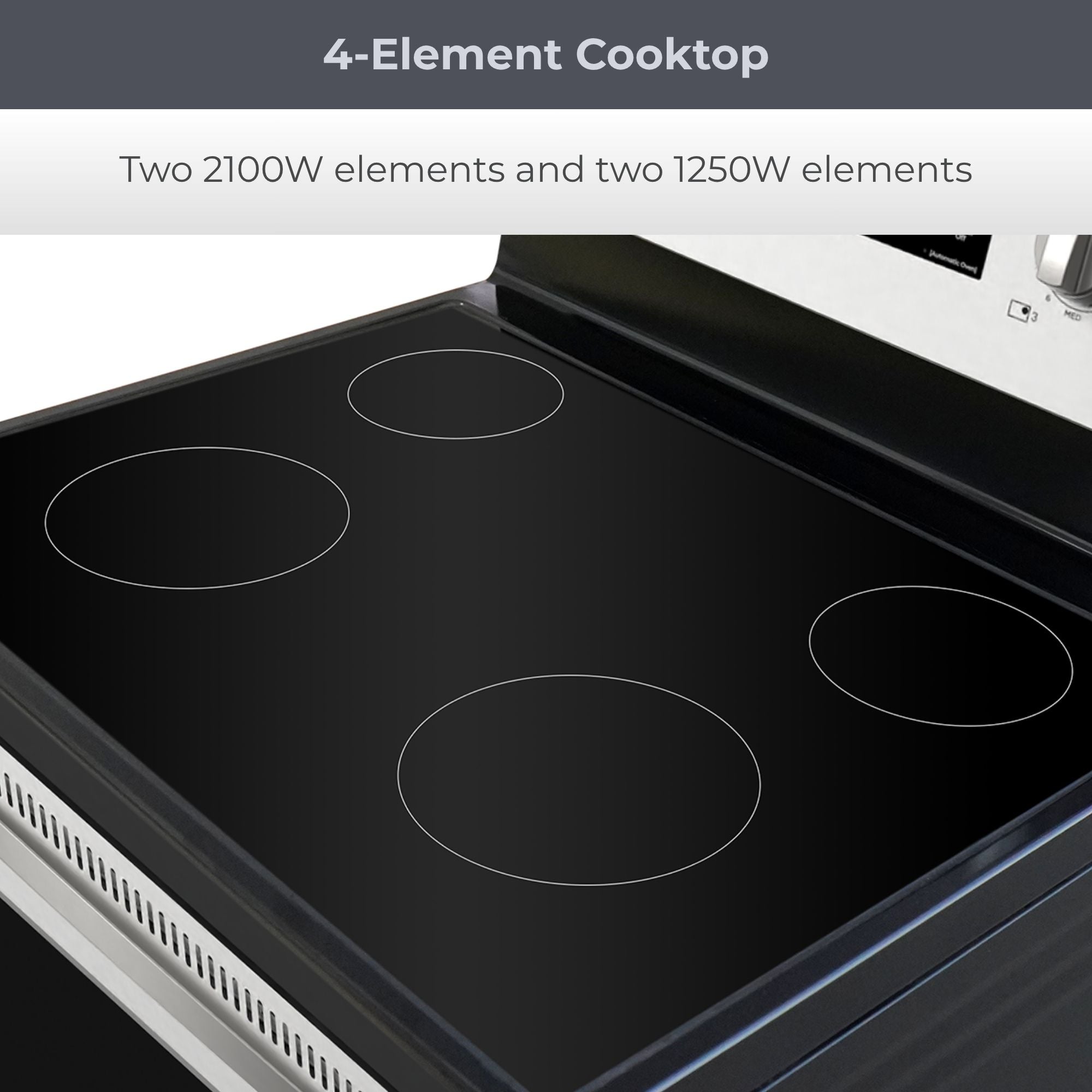 Closeup of the Kenmore stainless steel electric range showing the smooth glass ceramic cooktop. Text above reads, "4 Element Cooktop: Two 2100W elements and two 1200W elements"
