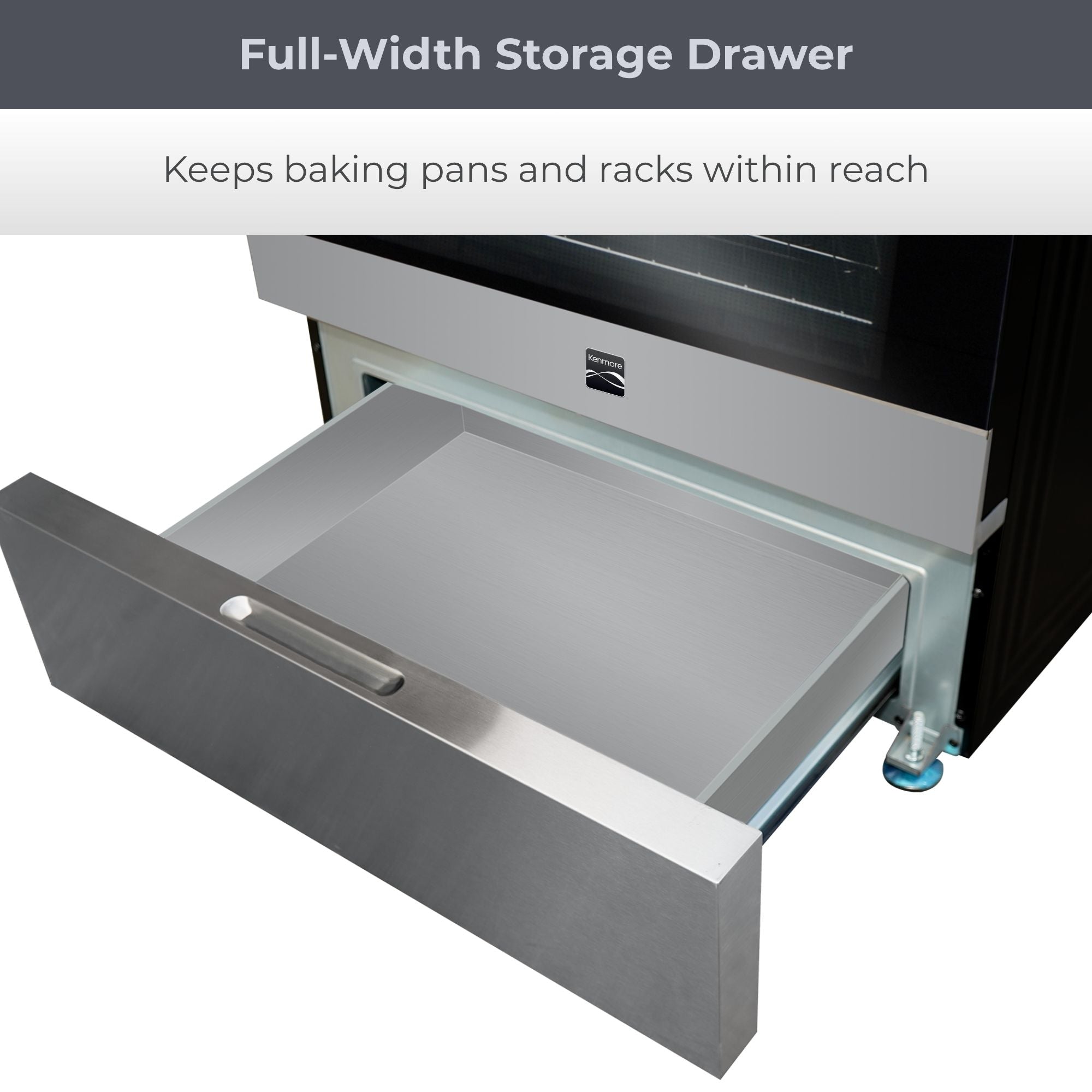 Closeup of the open storage drawer on the Kenmore stainless steel electric range. Text above reads, "Full-Width Storage Drawer: Keeps baking pans and racks within reach"