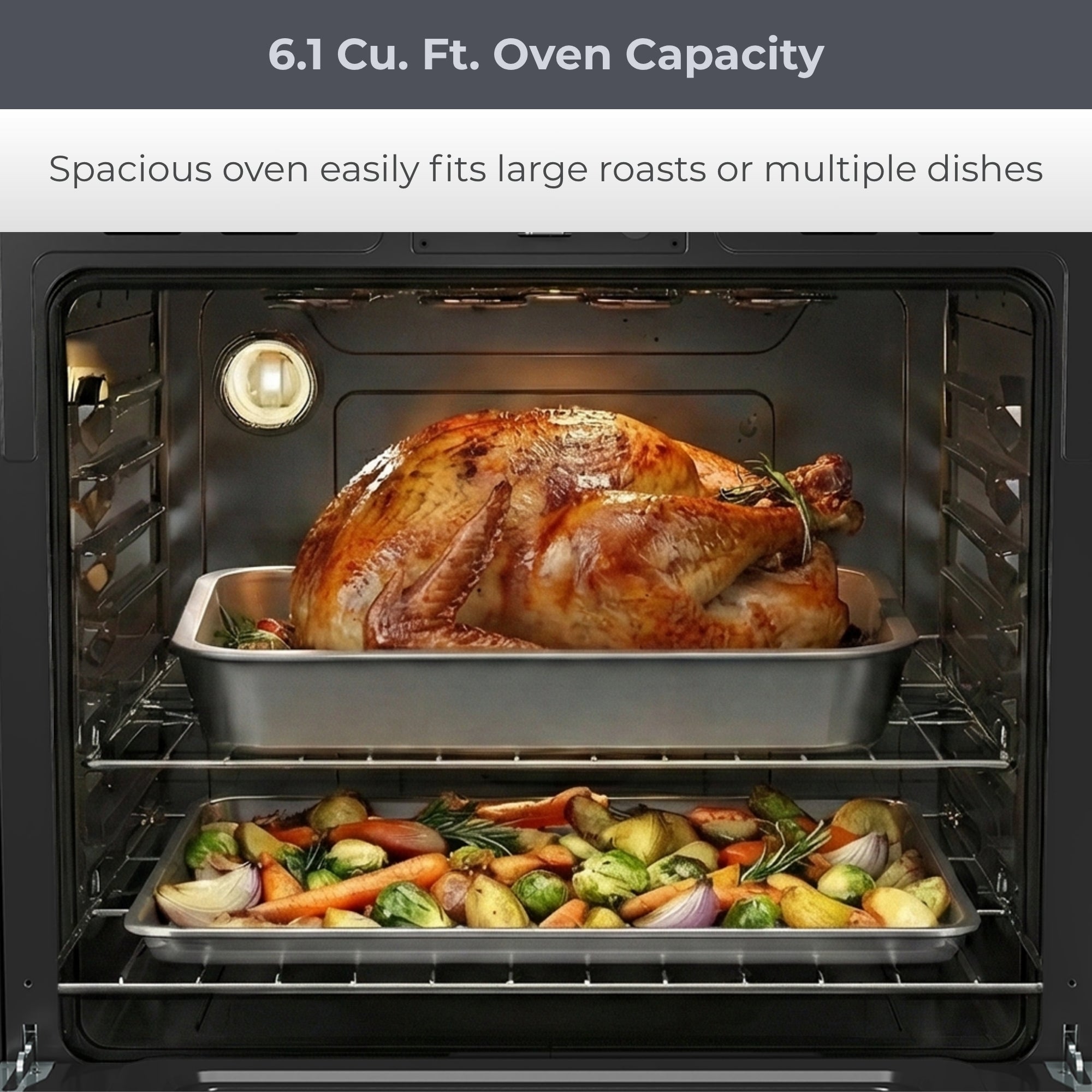 Closeup of the interior of the Kenmore stainless steel electric range with a roast turkey and vegetables inside. Text above reads, "6.1 Cu. Ft. Oven with Capacity: Spacious oven easily fits large roasts or multiple dishes" 