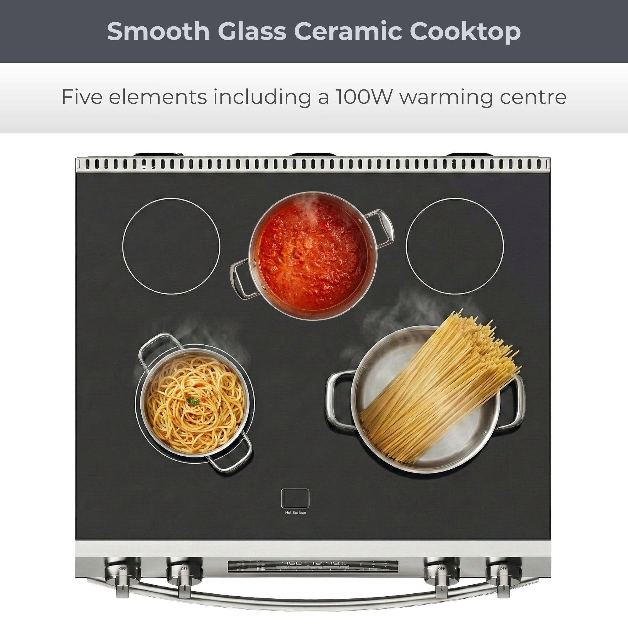 Top view of the Kenmore stainless steel electric range showing the smooth glass ceramic cooktop with two pots of pasta on the front elements and a pot of tomato sauce on the rear middle warming centre. Text above reads, "Smooth Glass Ceramic Cooktop: Five elements including a 100W warming centre" 

 