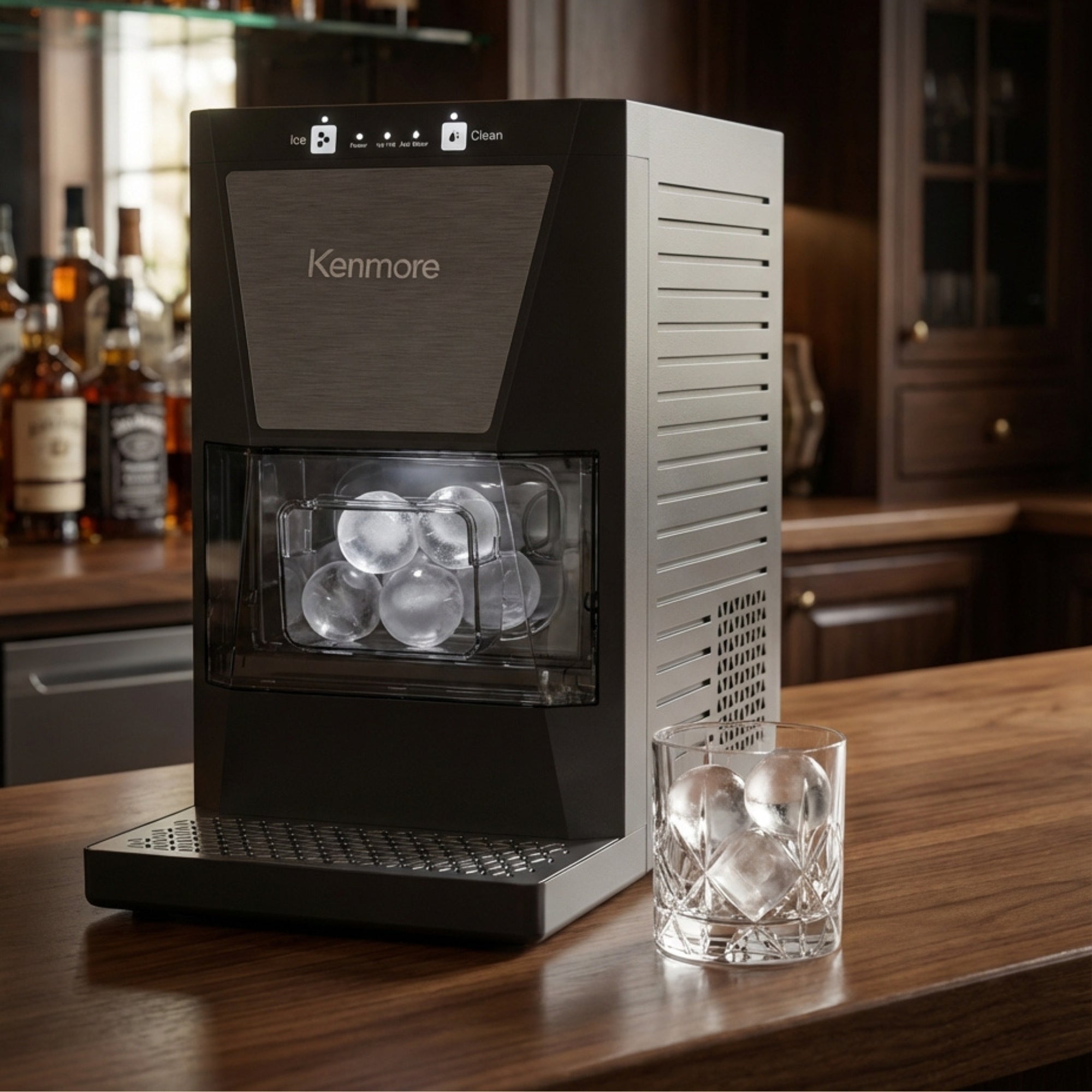Kenmore clear sphere ice maker filled with large ice balls on a wooden countertop with a glass containing round ice cubes beside it and bottles of Scotch whiskey in the background