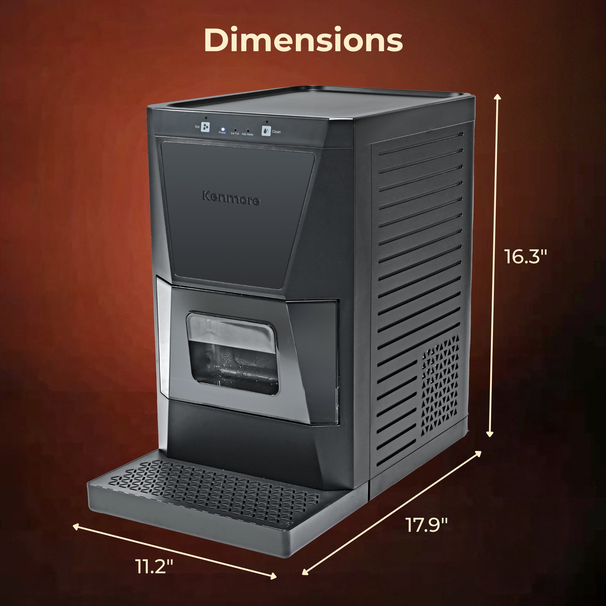 Kenmore clear sphere ice maker on a gradient brown background with dimensions labeled