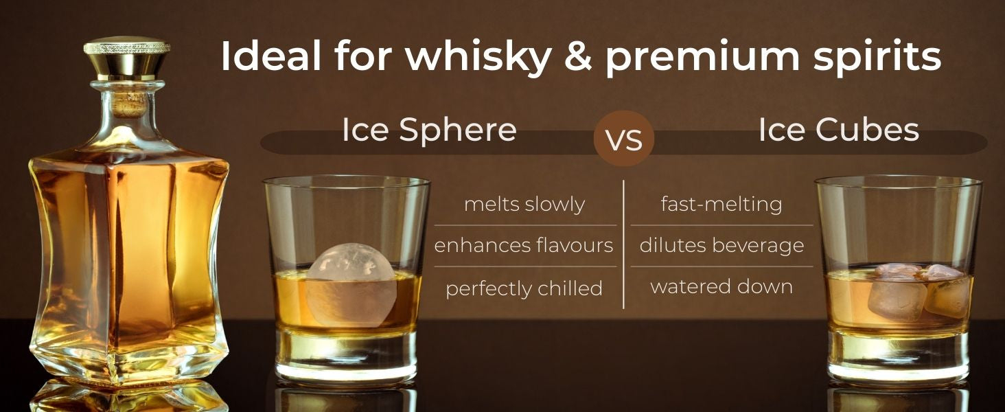 A crystal decanter and two glasses filled with clear amber liquid, one containing a large ice sphere and one containing smaller ice cubes, on a brown background. Text above reads, "Ideal for whisky and premium spirits," and a chart between the glasses compares the features of ice spheres versus ice cubes: melts slowly vs fast-melting; enhances flavours vs dilutes beverage; and perfectly chilled vs watered down.