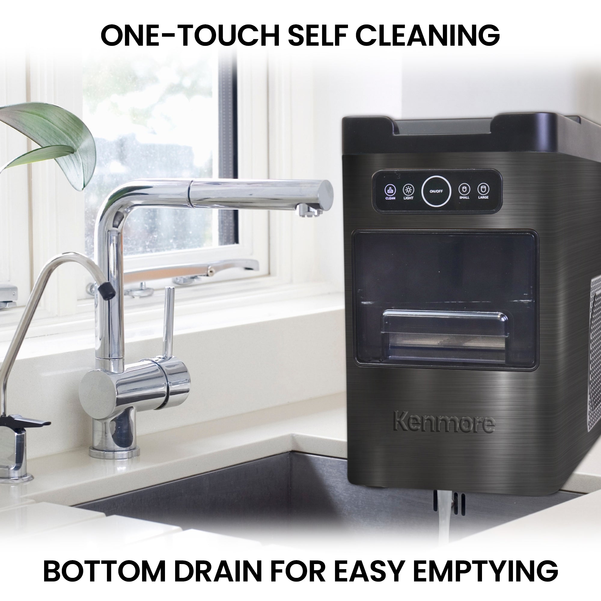 Kenmore front load automatic ice maker on the side of a sink with water coming out of the drain on the bottom. Text above reads, "One-touch self cleaning," and text below reads, "Bottom drain for easy emptying"