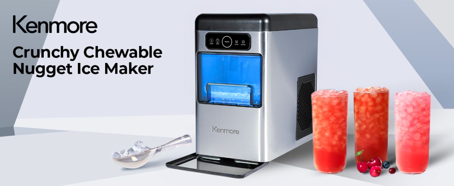 Kenmore crunchy chewable nugget ice maker and ice scoop with three glasses of iced drinks