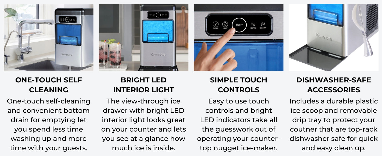 Four closeup images with text below describe features of the stainless steel Kenmore crunchy chewable nugget ice maker: One-touch self cleaning; bright LED interior light; simple touch controls; dishwasher-safe accessories.