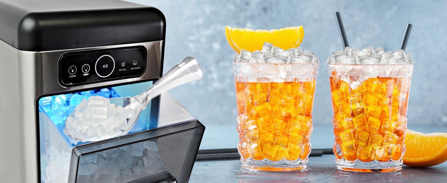 Closeup of Kenmore crunchy chewable nugget ice maker and ice scoop with an iced drink beside it