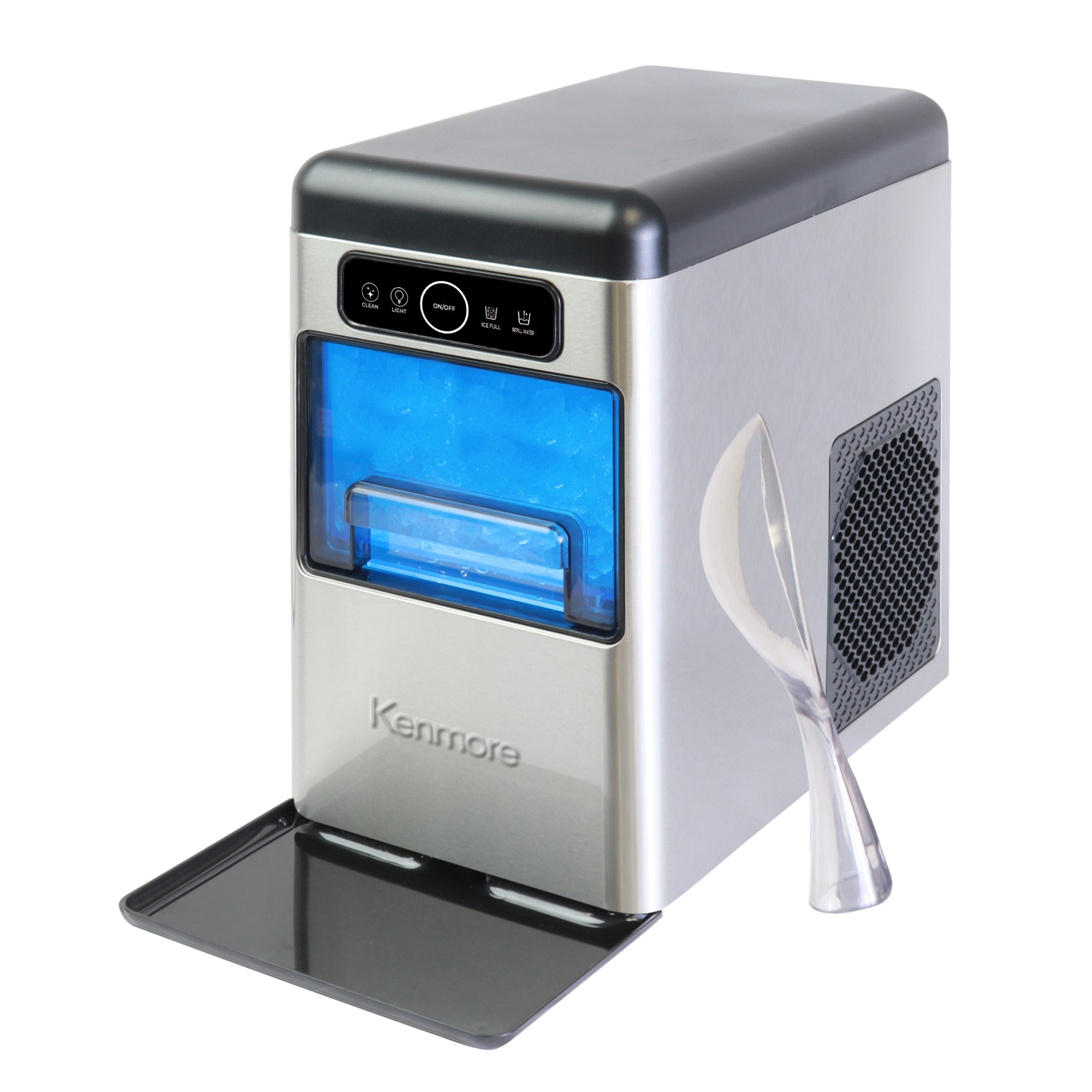 Kenmore crunchy chewable nugget ice maker and ice scoop on white background