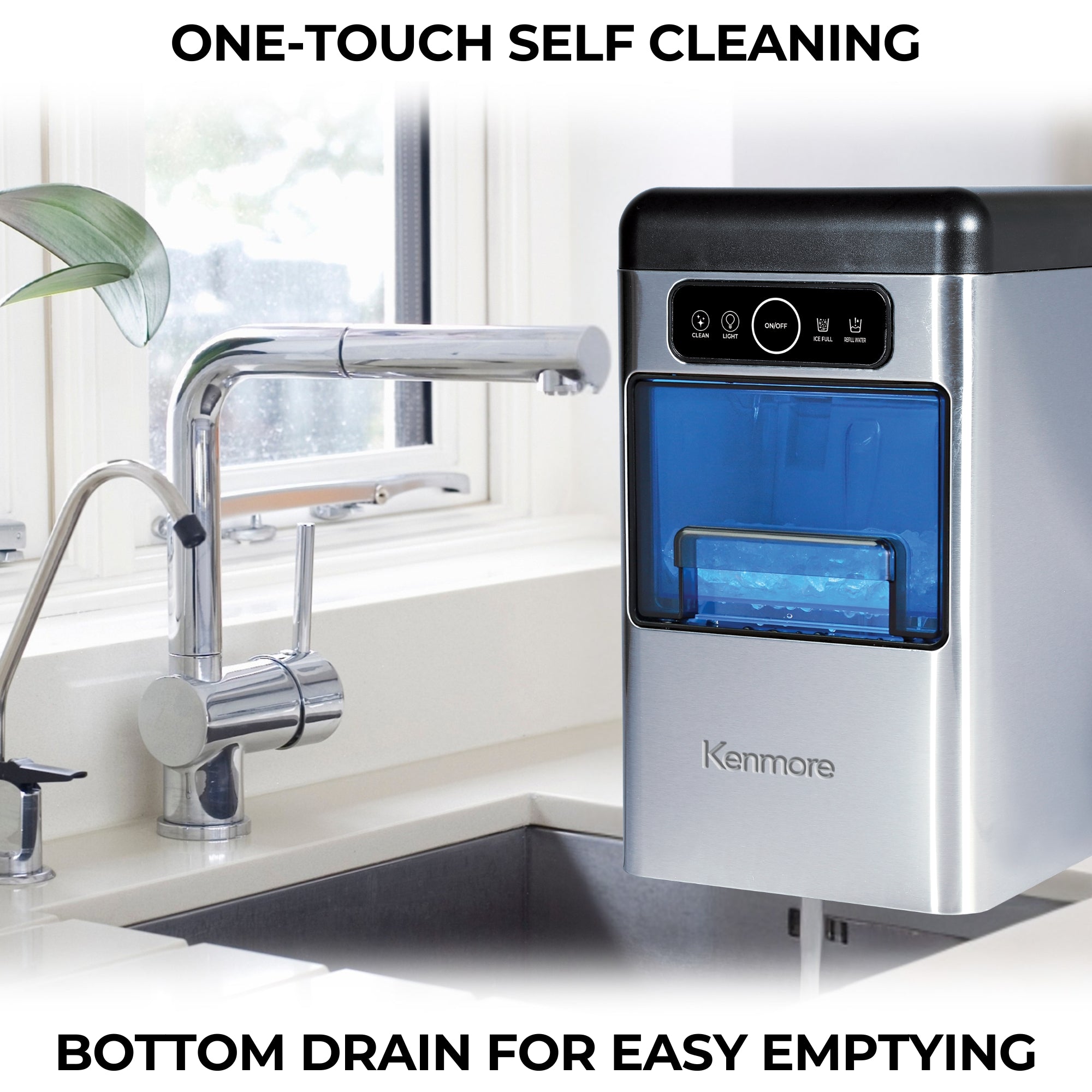 Kenmore automatic crunchy nugget ice maker on the side of a sink with an inset closeup of the drain on the bottom. Text above reads, "One-touch self cleaning," and text below reads, "Bottom drain for easy emptying"