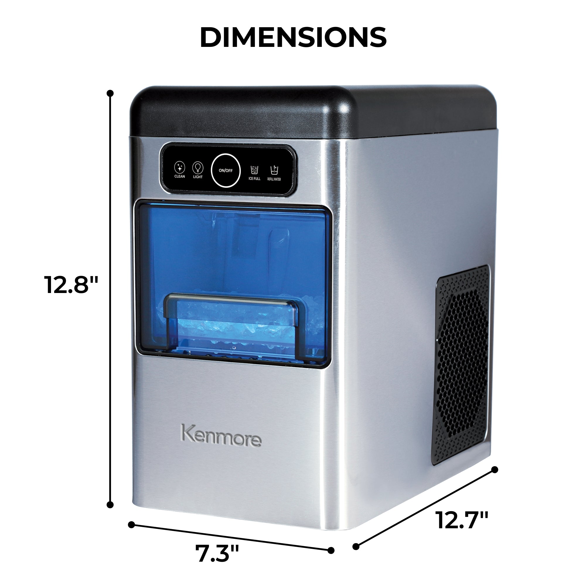 Kenmore portable countertop nugget ice maker on a white background with dimensions labeled.