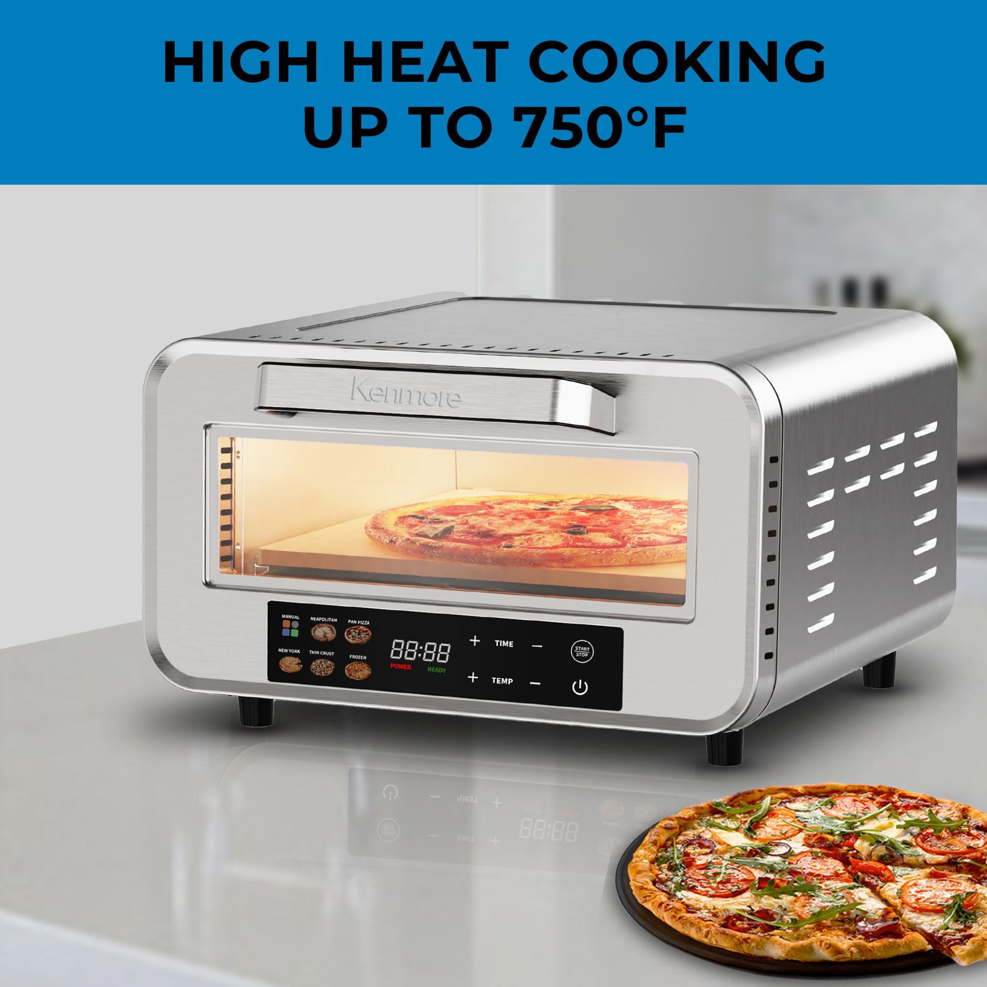 Kenmore Indoor Electric Pizza Oven Cook 12” Pizza In Minutes Heats To 750°F For Wood Fired Taste Portable Countertop Pizza Maker One-Touch