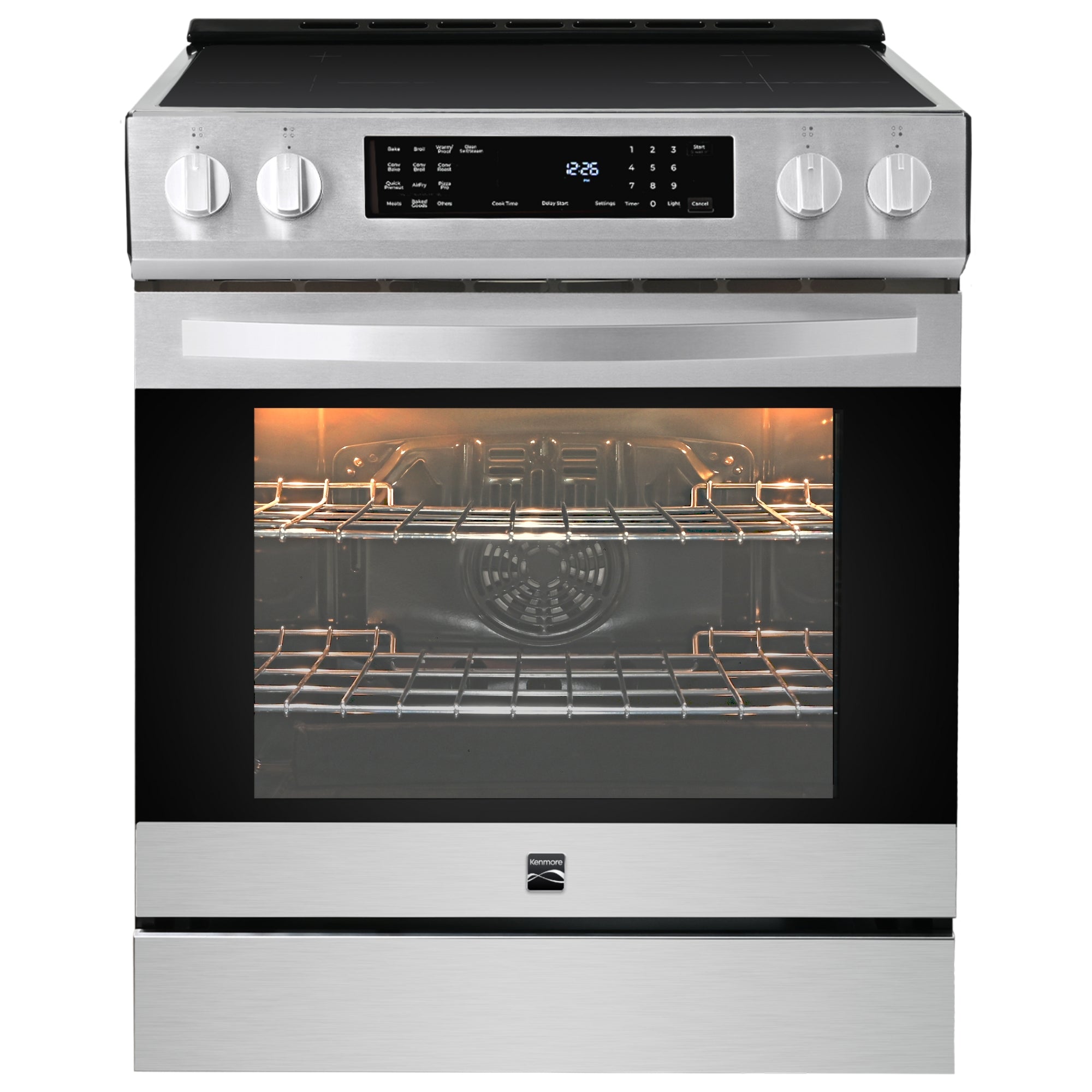 Kenmore Pizza Pro 5.6 cu ft induction range, closed, on a white background.