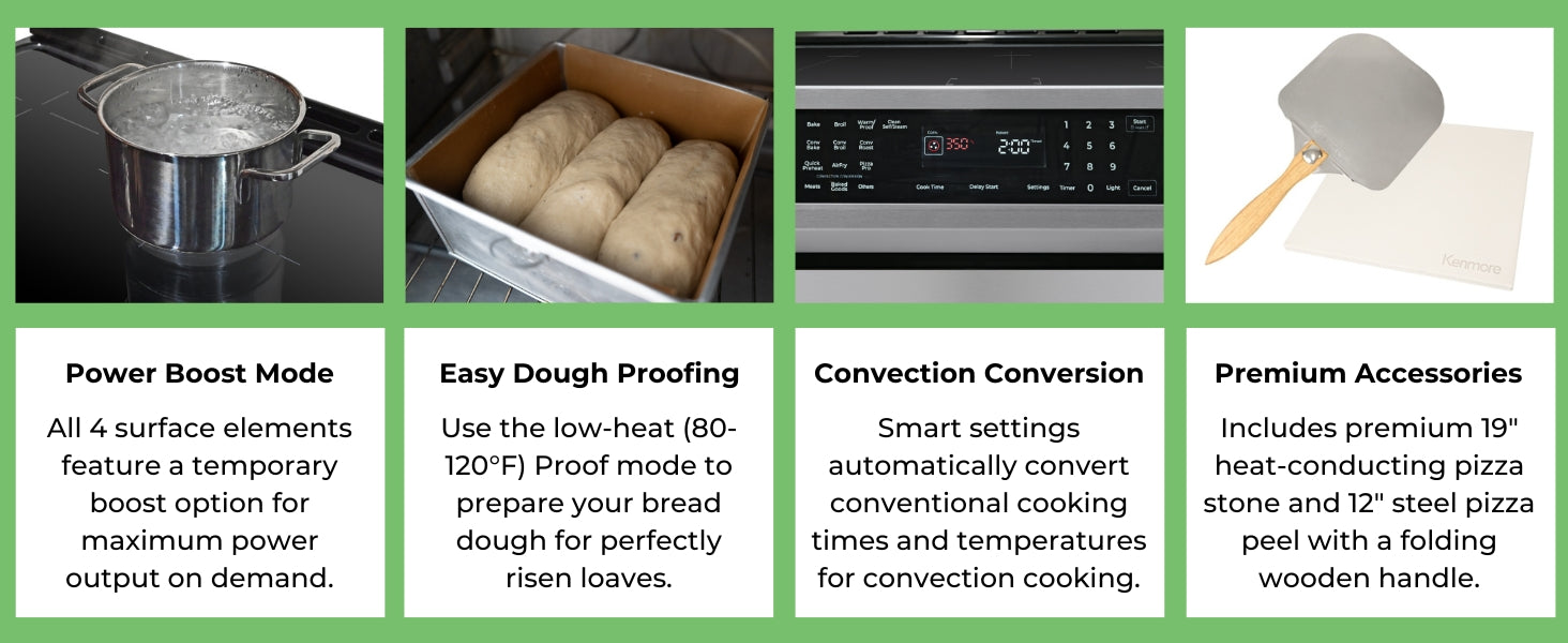 Four closeup images with text below describing features: Power Boost Mode; Easy Dough Proofing; Convection Conversion; Premium Accessories.