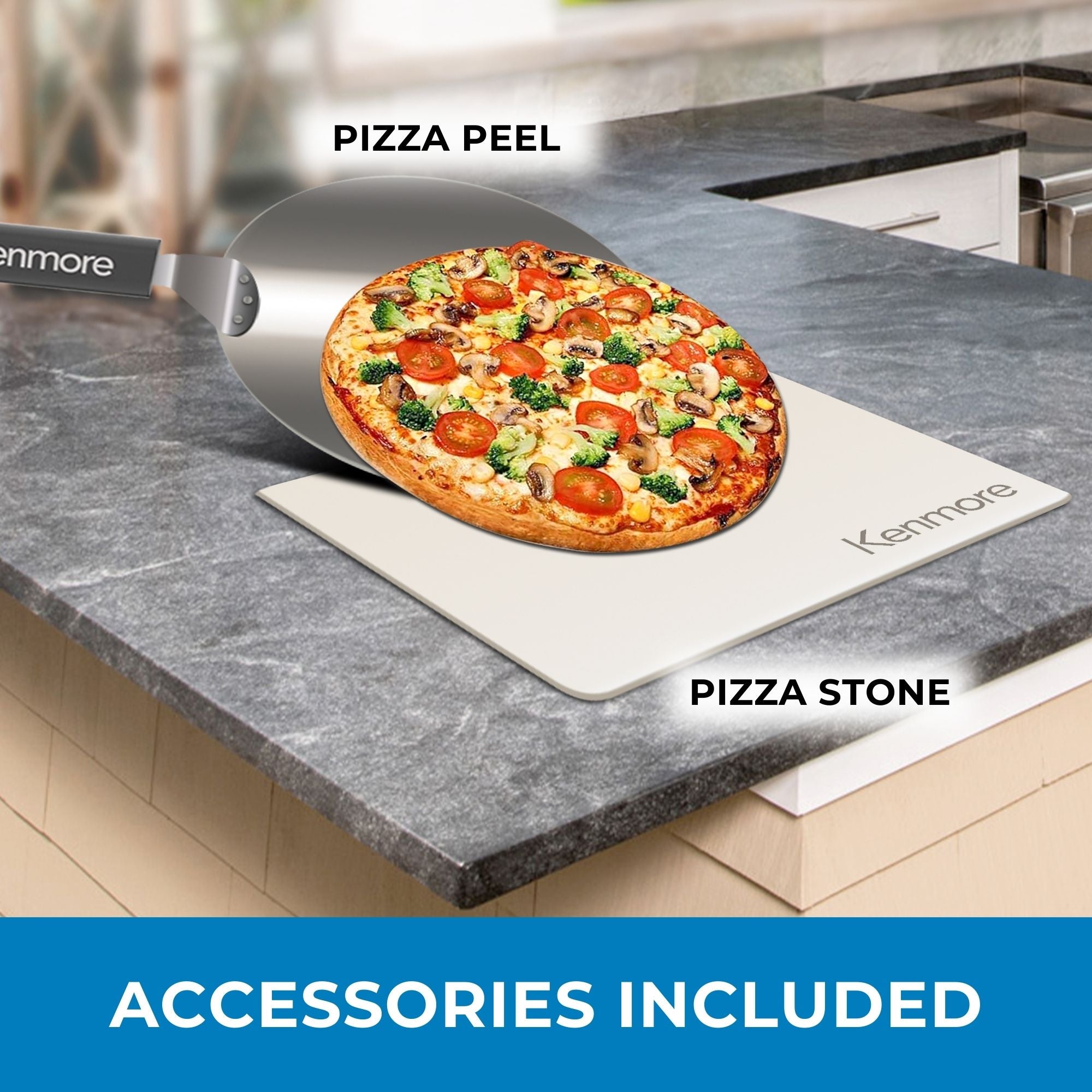 Pizza peel lifting a pizza from the pizza stone, both labeled, on a dark gray marbled countertop. Text below reads, "Accessories included"
