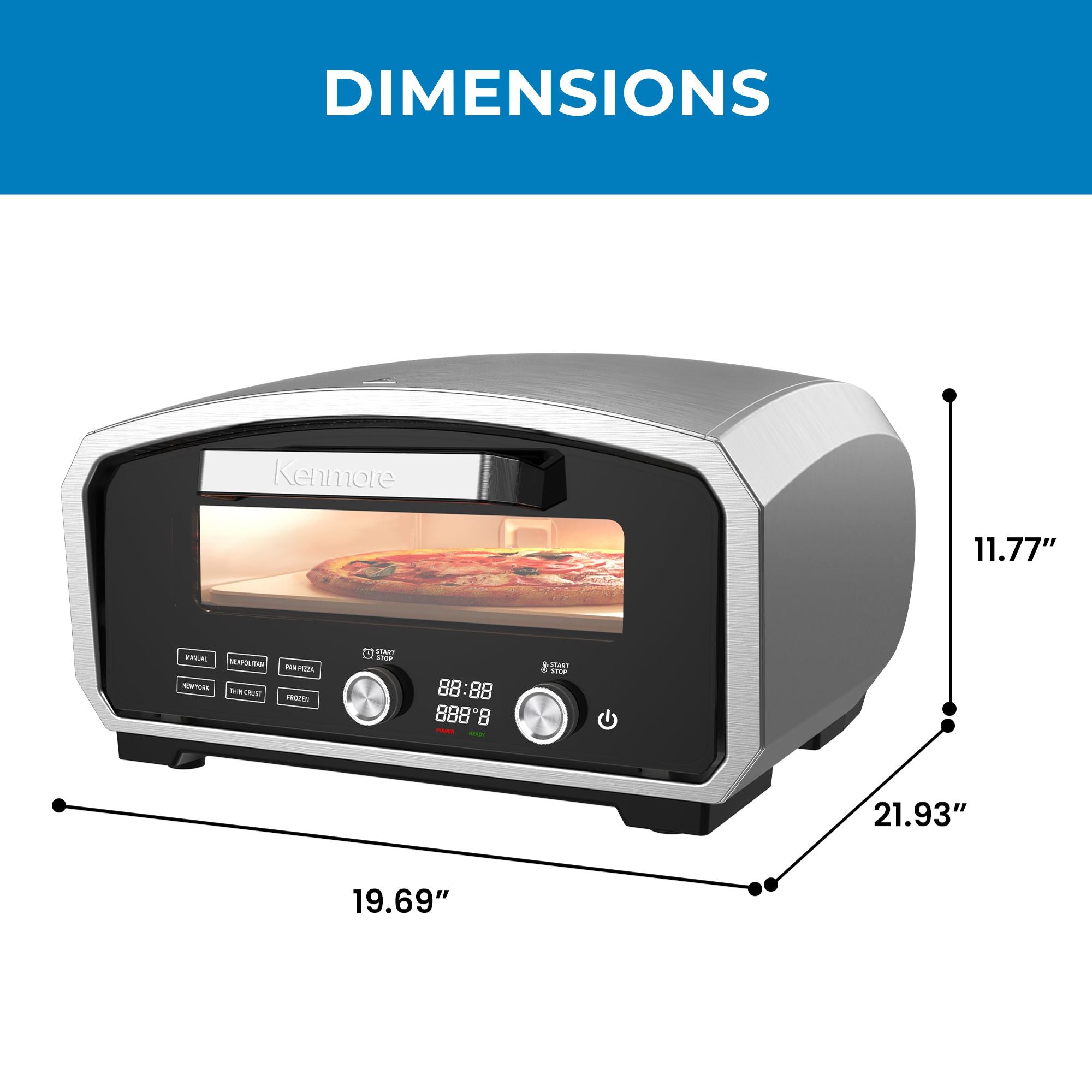 Kenmore outdoor electric pizza oven with a pizza cooking inside on a white background with dimensions labeled